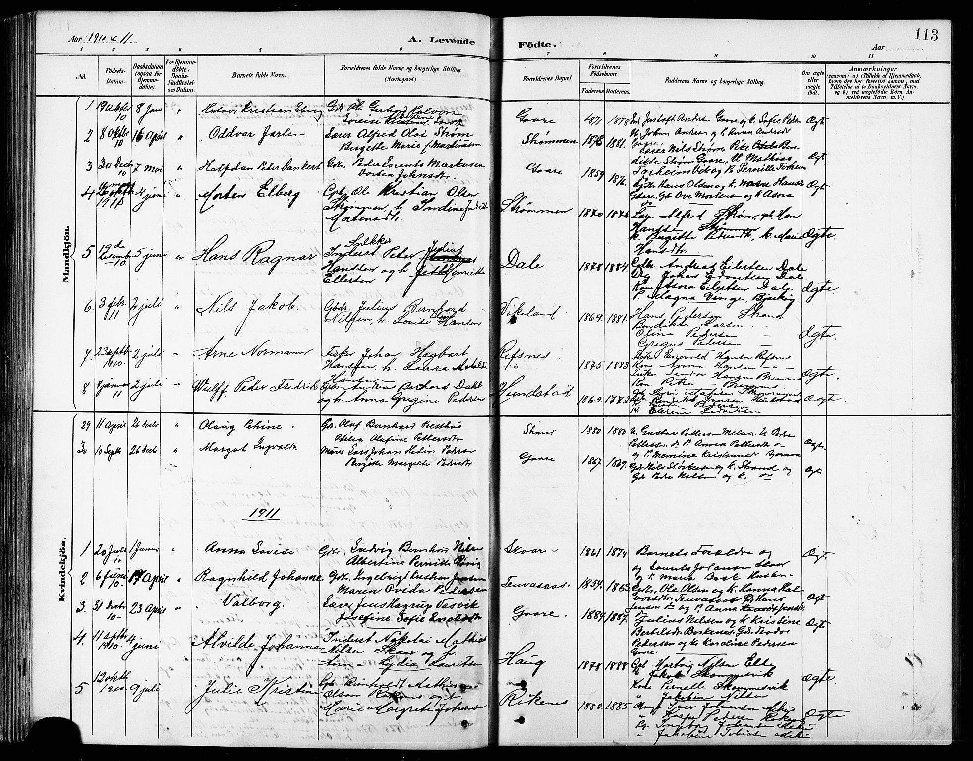 Kvæfjord sokneprestkontor, AV/SATØ-S-1323/G/Ga/Gab/L0005klokker: Klokkerbok nr. 5, 1886-1911, s. 113