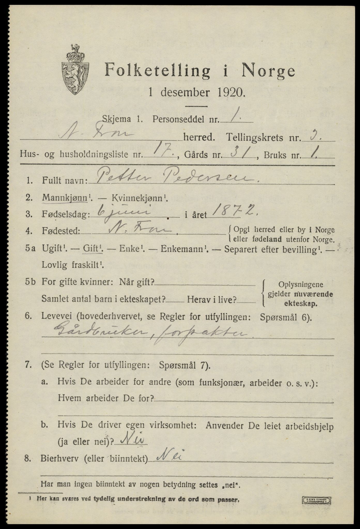 SAH, Folketelling 1920 for 0518 Nord-Fron herred, 1920, s. 3250