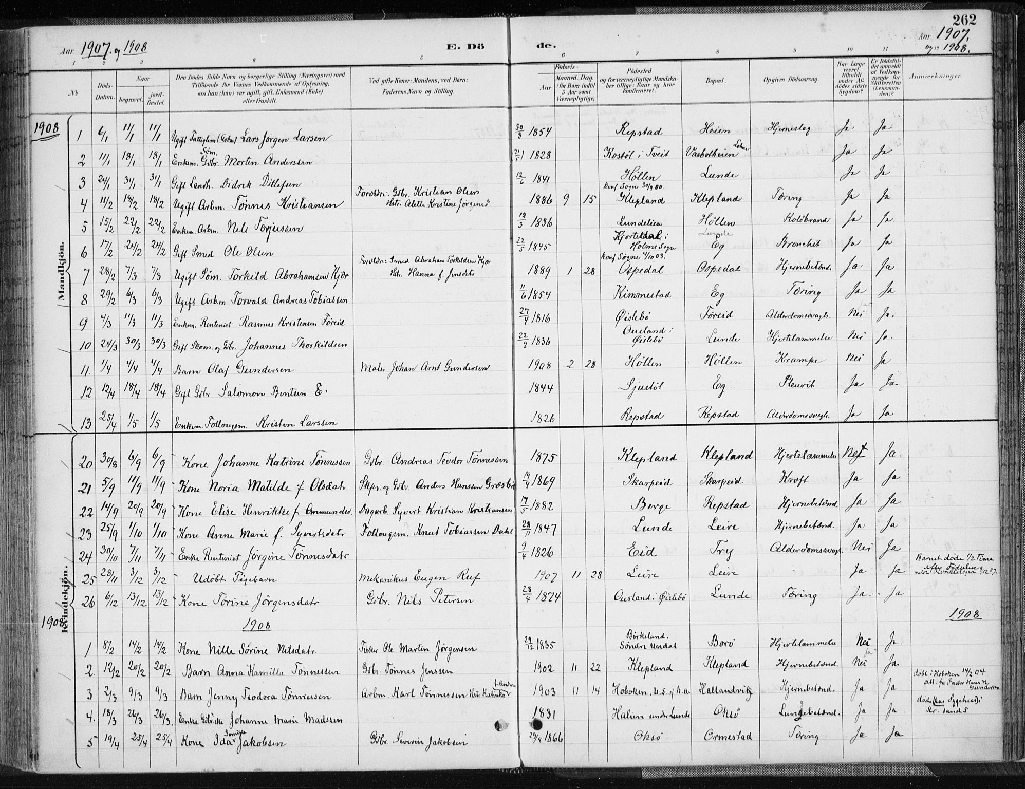 Søgne sokneprestkontor, AV/SAK-1111-0037/F/Fa/Fab/L0013: Ministerialbok nr. A 13, 1892-1911, s. 262