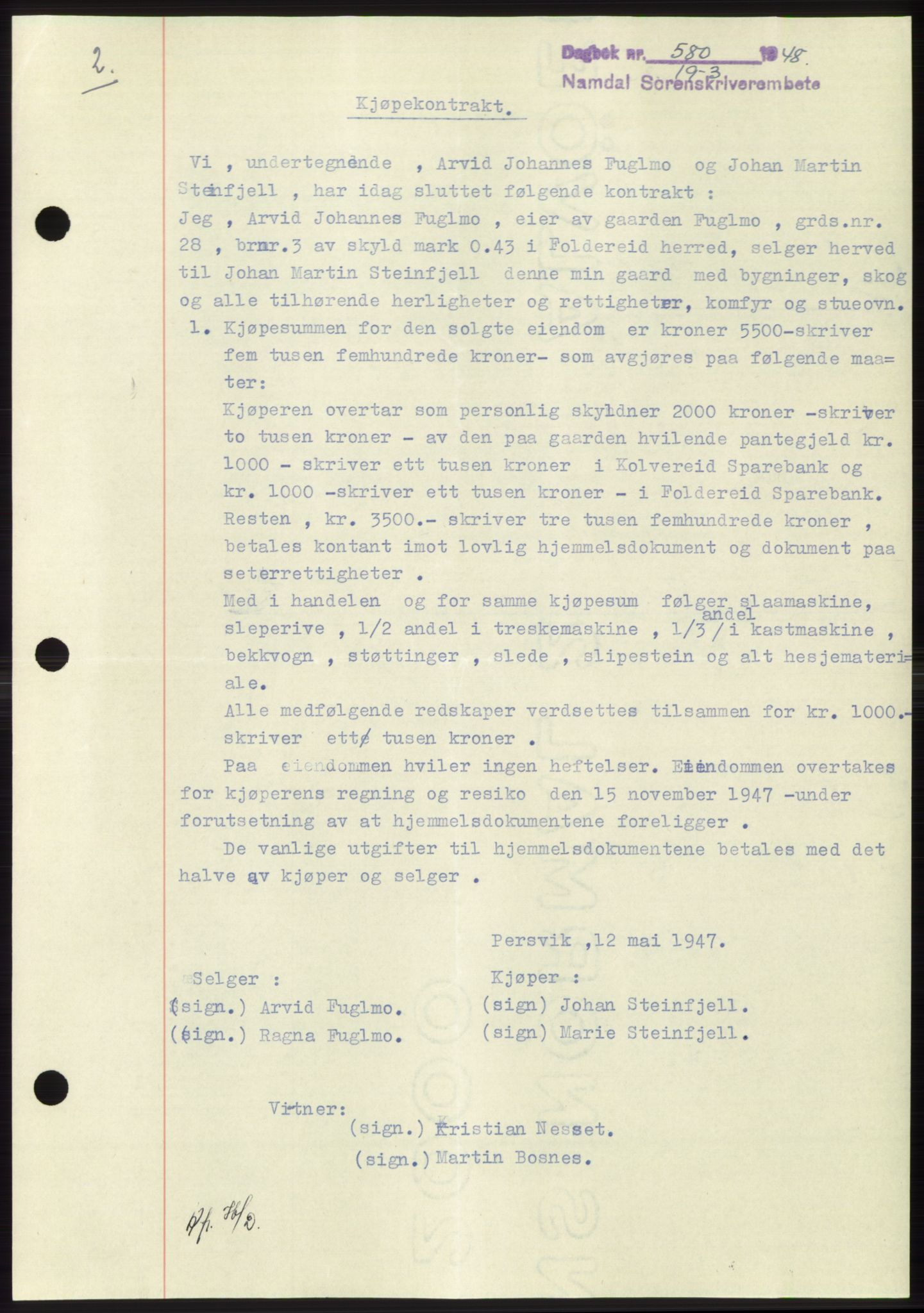 Namdal sorenskriveri, SAT/A-4133/1/2/2C: Pantebok nr. -, 1947-1948, Dagboknr: 580/1948