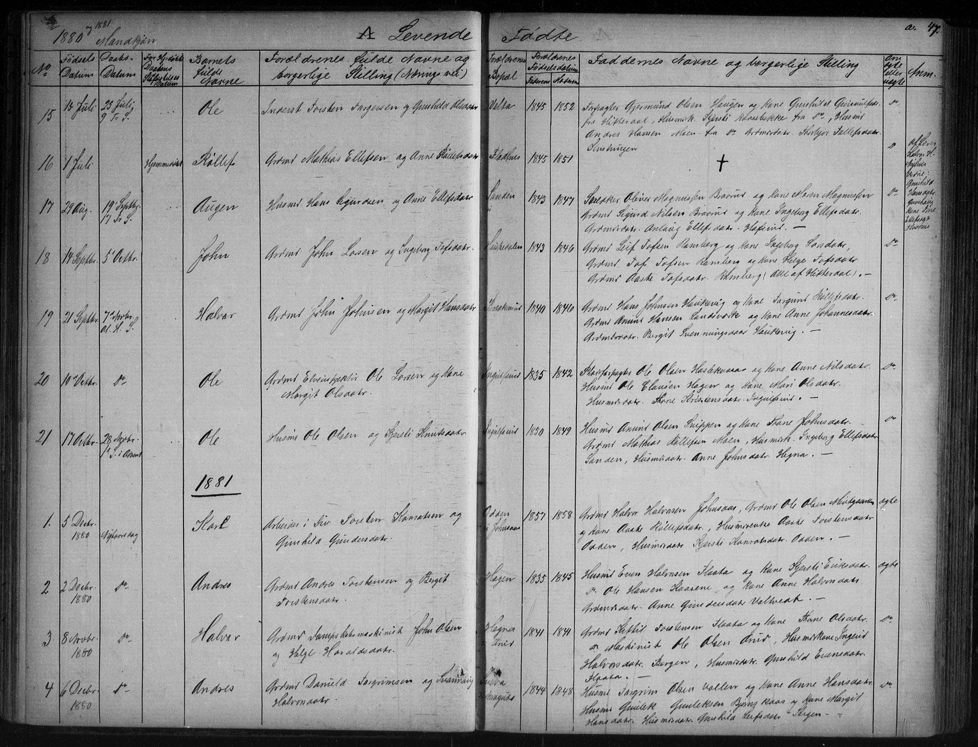 Sauherad kirkebøker, AV/SAKO-A-298/G/Ga/L0003: Klokkerbok nr. I 3, 1866-1905, s. 47