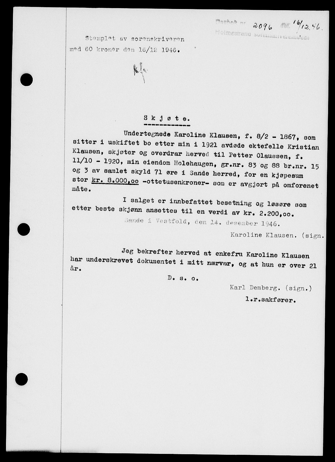 Holmestrand sorenskriveri, SAKO/A-67/G/Ga/Gaa/L0061: Pantebok nr. A-61, 1946-1947, Dagboknr: 2096/1946