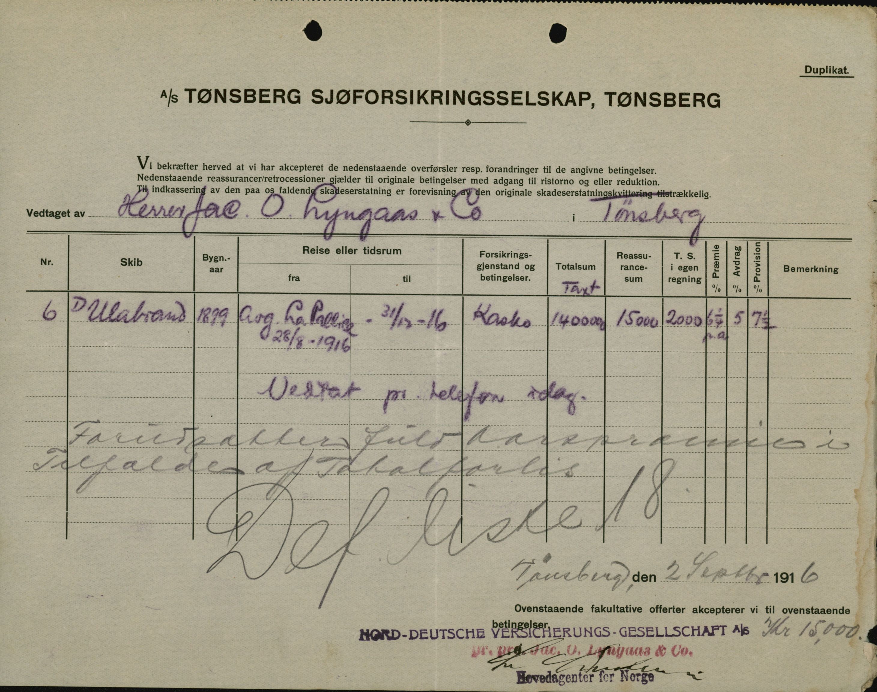 Pa 664 - Tønsberg Sjøforsikringsselskap, VEMU/A-1773/F/L0001: Forsikringspoliser, 1915-1918