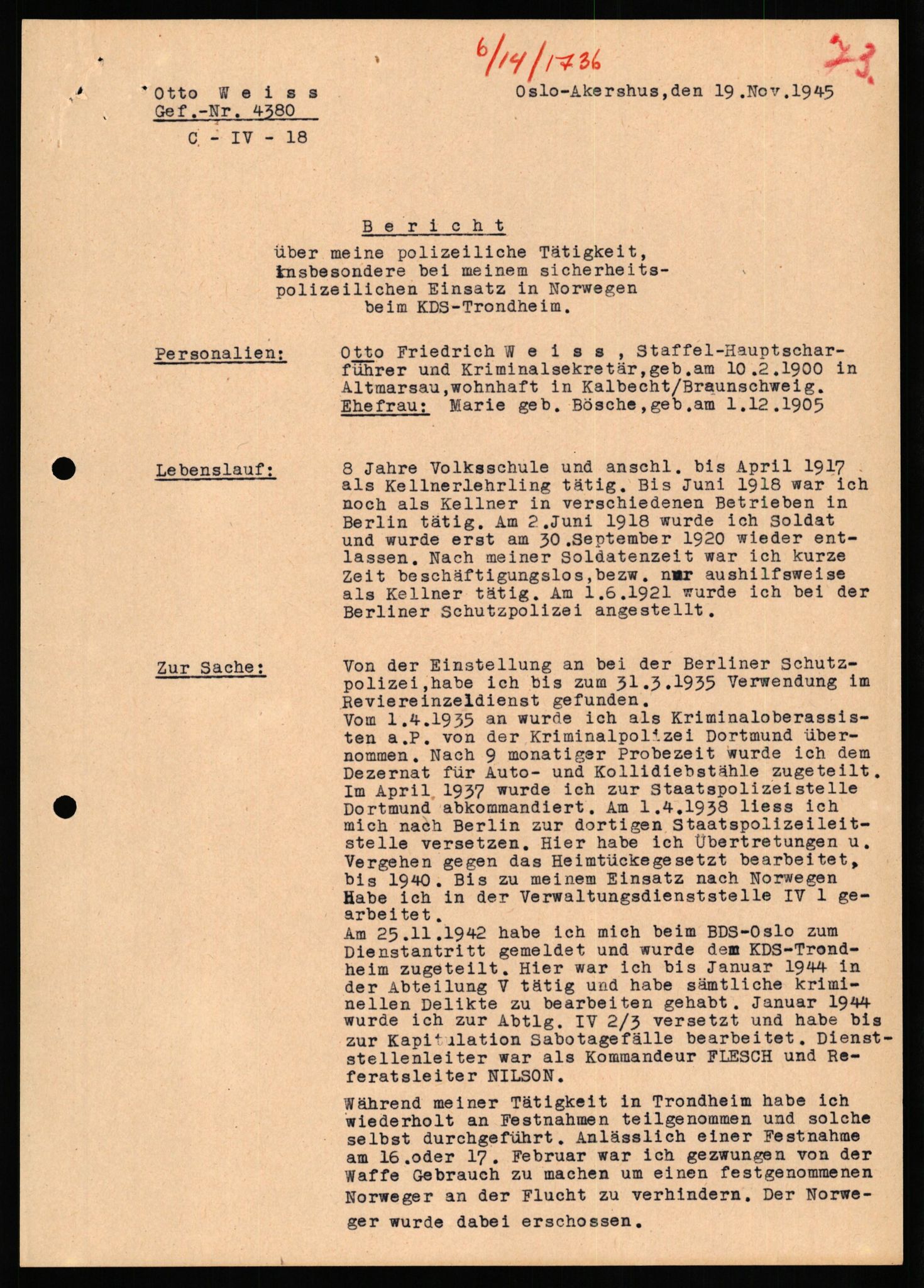 Forsvaret, Forsvarets overkommando II, RA/RAFA-3915/D/Db/L0035: CI Questionaires. Tyske okkupasjonsstyrker i Norge. Tyskere., 1945-1946, s. 331