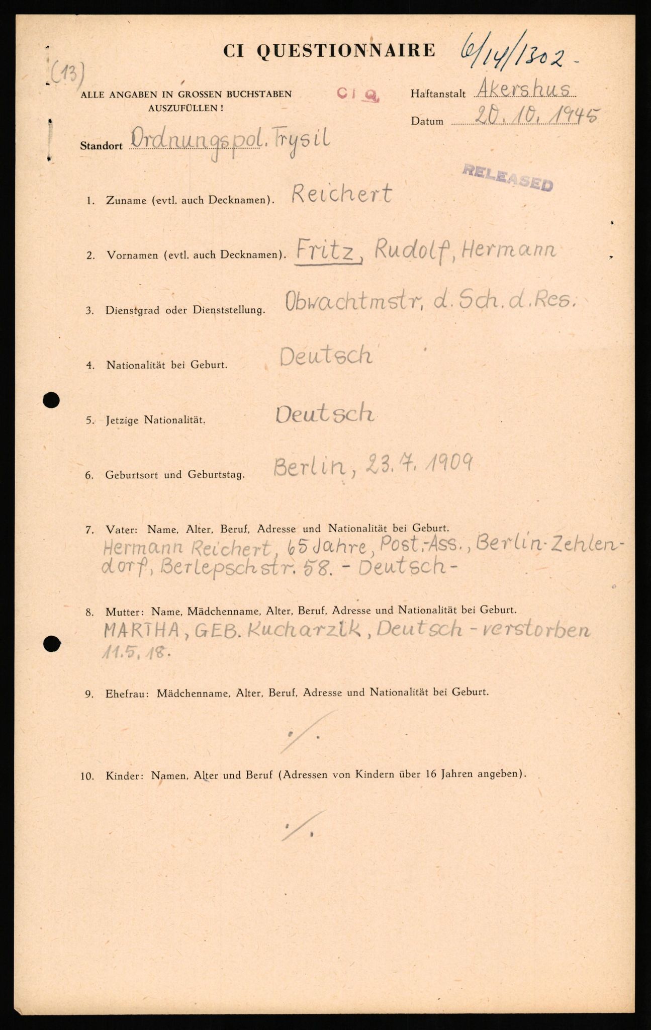Forsvaret, Forsvarets overkommando II, RA/RAFA-3915/D/Db/L0027: CI Questionaires. Tyske okkupasjonsstyrker i Norge. Tyskere., 1945-1946, s. 117