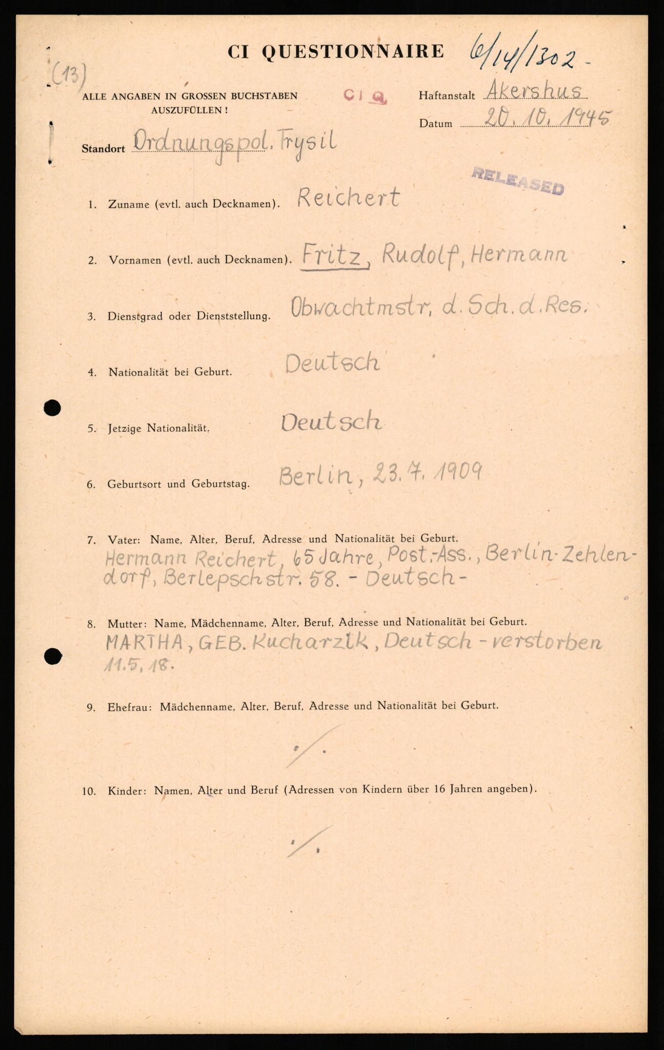 Forsvaret, Forsvarets overkommando II, AV/RA-RAFA-3915/D/Db/L0027: CI Questionaires. Tyske okkupasjonsstyrker i Norge. Tyskere., 1945-1946, s. 117