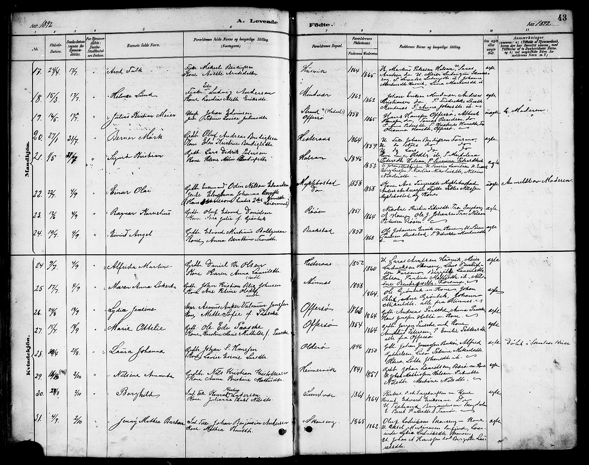 Ministerialprotokoller, klokkerbøker og fødselsregistre - Nordland, SAT/A-1459/817/L0268: Klokkerbok nr. 817C03, 1884-1920, s. 43
