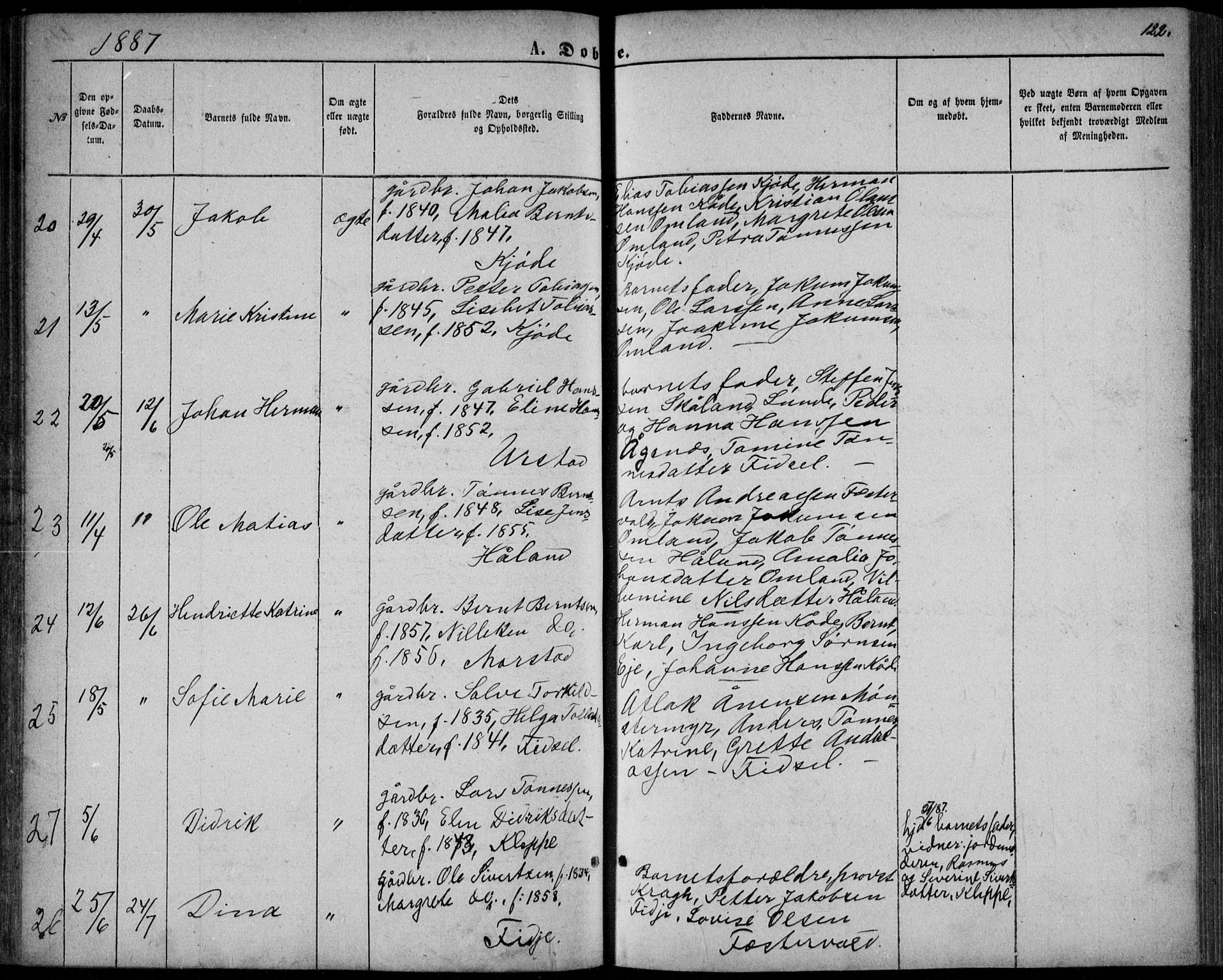 Flekkefjord sokneprestkontor, AV/SAK-1111-0012/F/Fb/Fbb/L0003: Klokkerbok nr. B 3, 1867-1889, s. 122