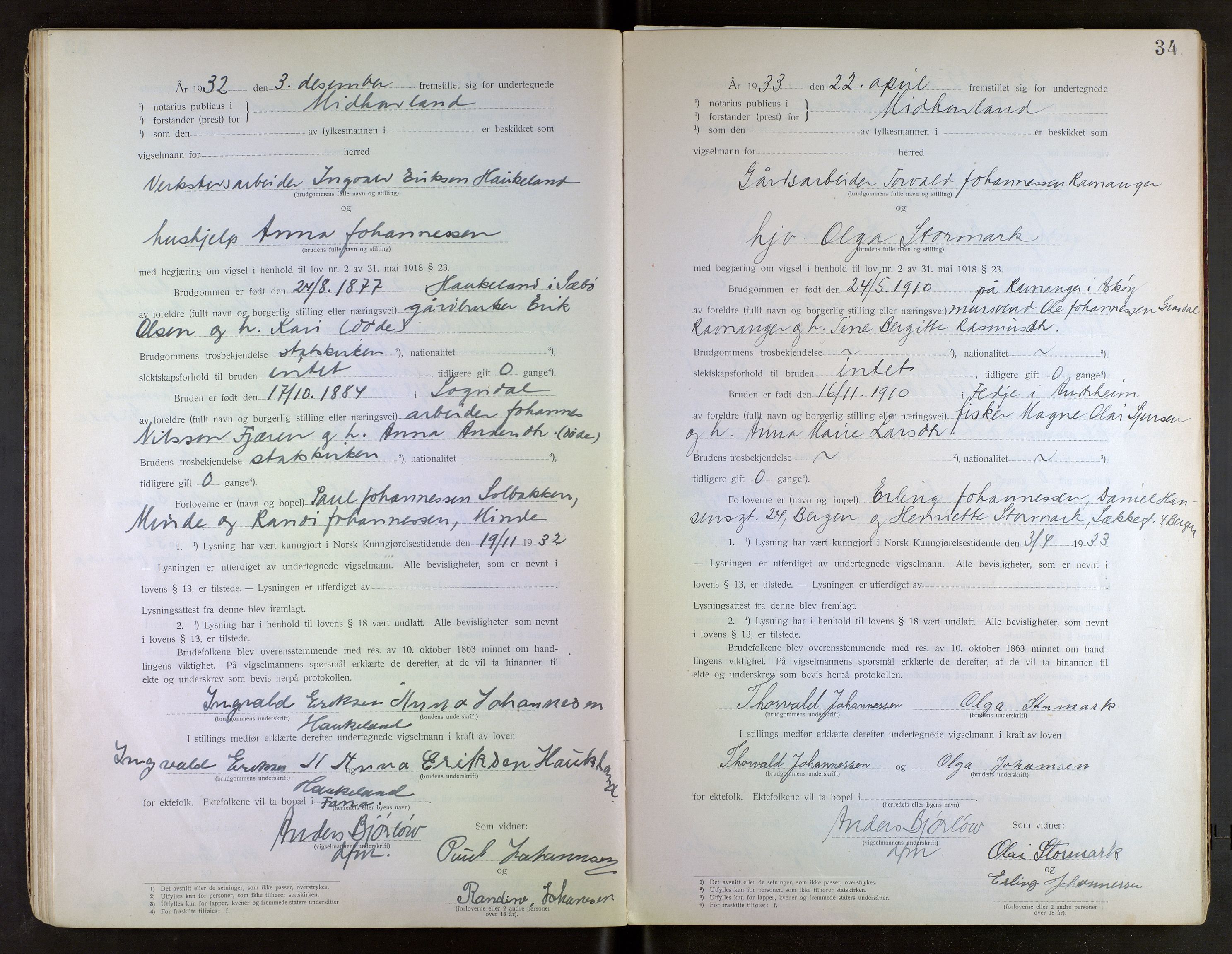 Midhordland sorenskriveri, SAB/A-3001/1/M/Mc/Mca/L0001: Notarialbilag. Vigselbøker, 1920-1939, s. 34