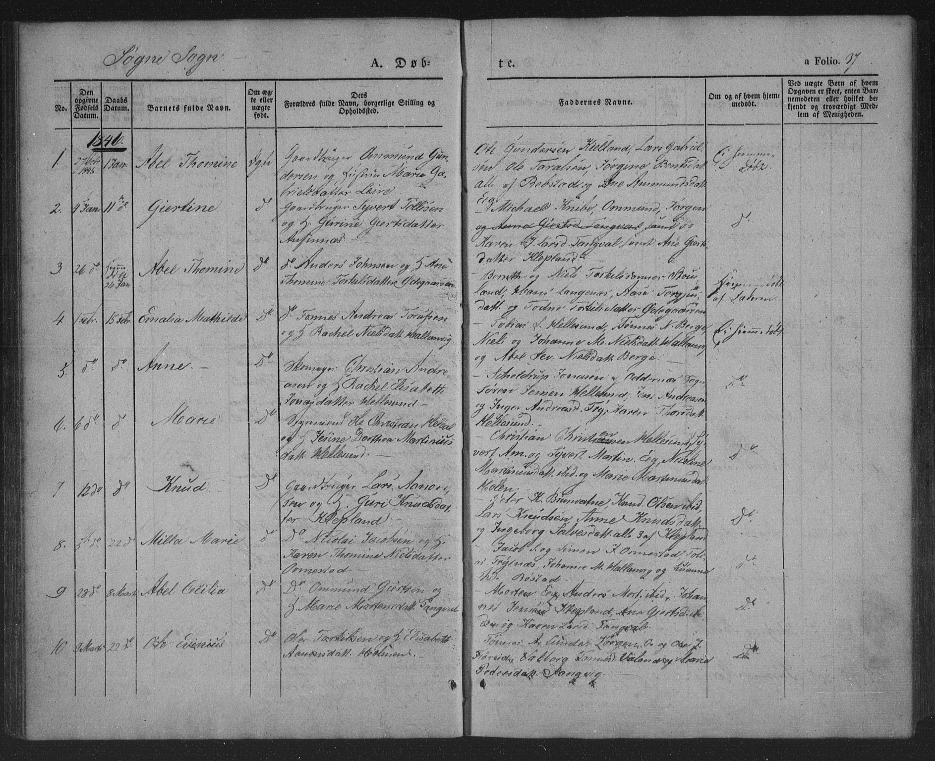 Søgne sokneprestkontor, SAK/1111-0037/F/Fa/Fab/L0009: Ministerialbok nr. A 9, 1838-1853, s. 37