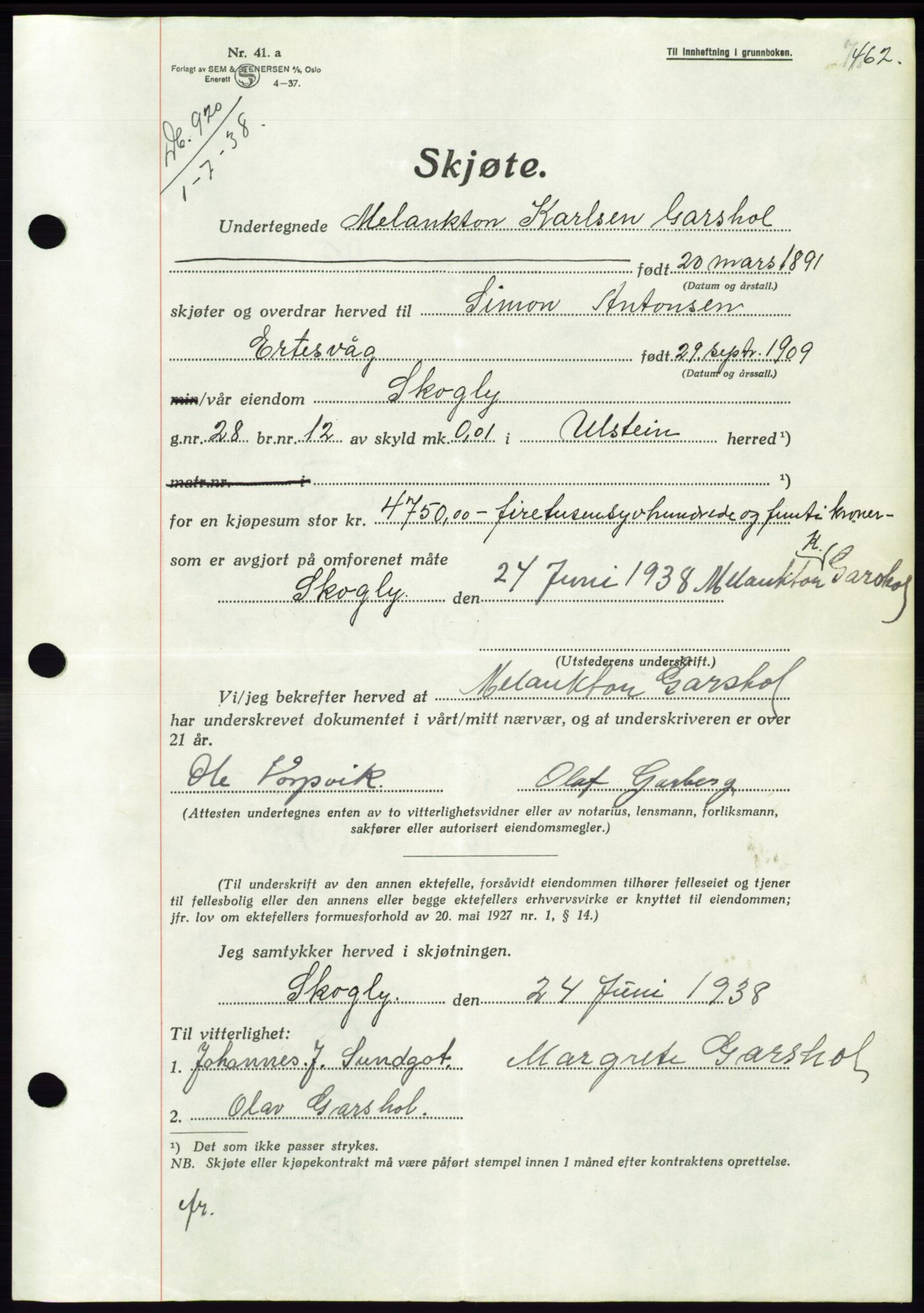 Søre Sunnmøre sorenskriveri, AV/SAT-A-4122/1/2/2C/L0065: Pantebok nr. 59, 1938-1938, Dagboknr: 920/1938