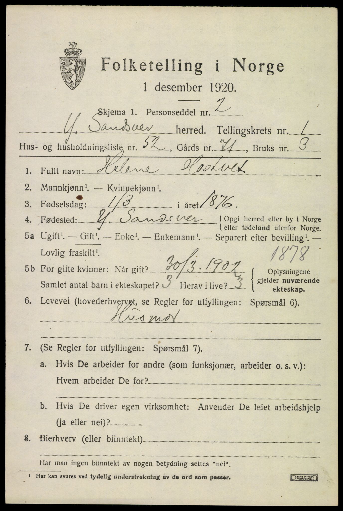 SAKO, Folketelling 1920 for 0629 Ytre Sandsvær herred, 1920, s. 1698