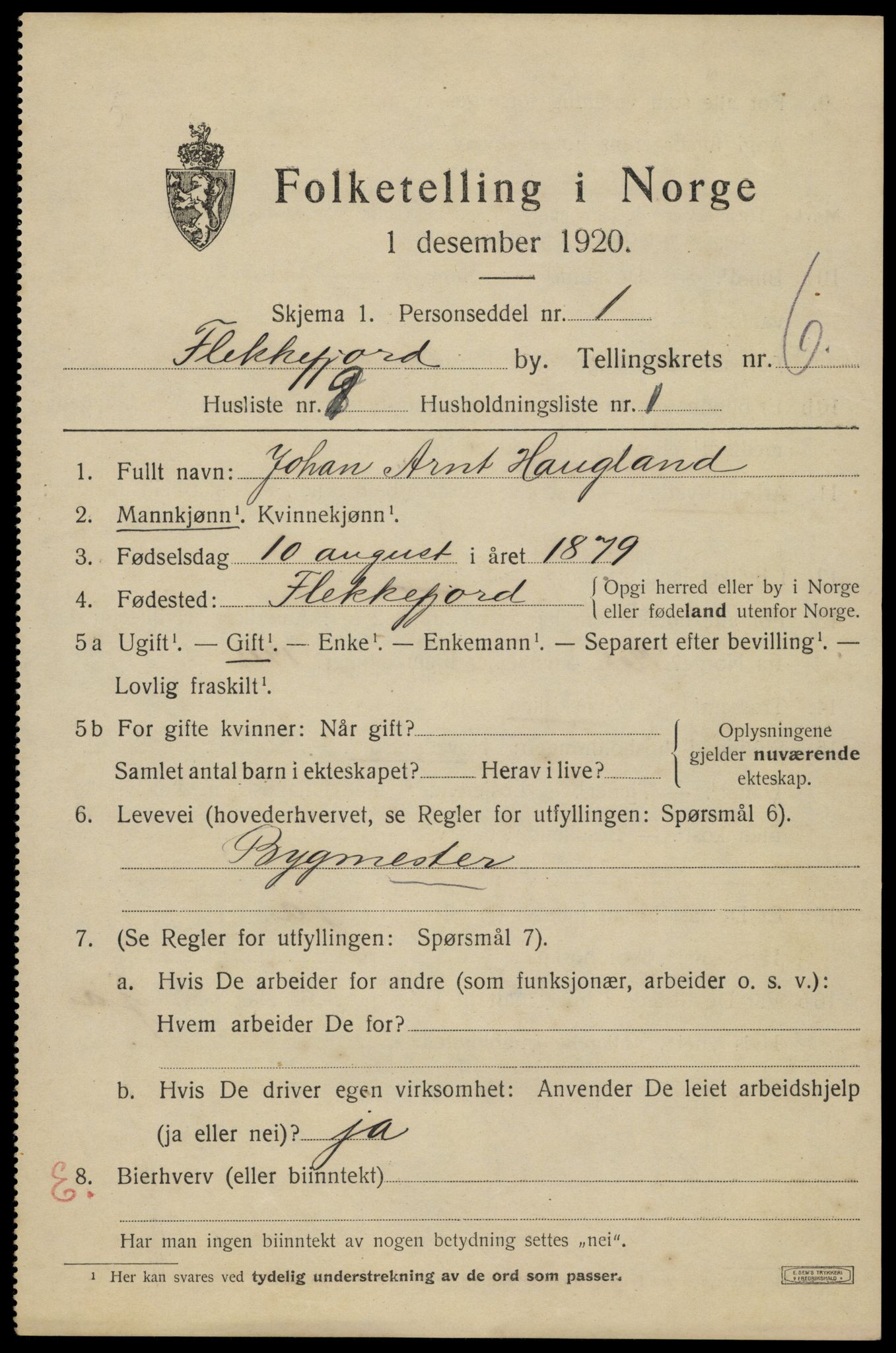 SAK, Folketelling 1920 for 1004 Flekkefjord kjøpstad, 1920, s. 5836