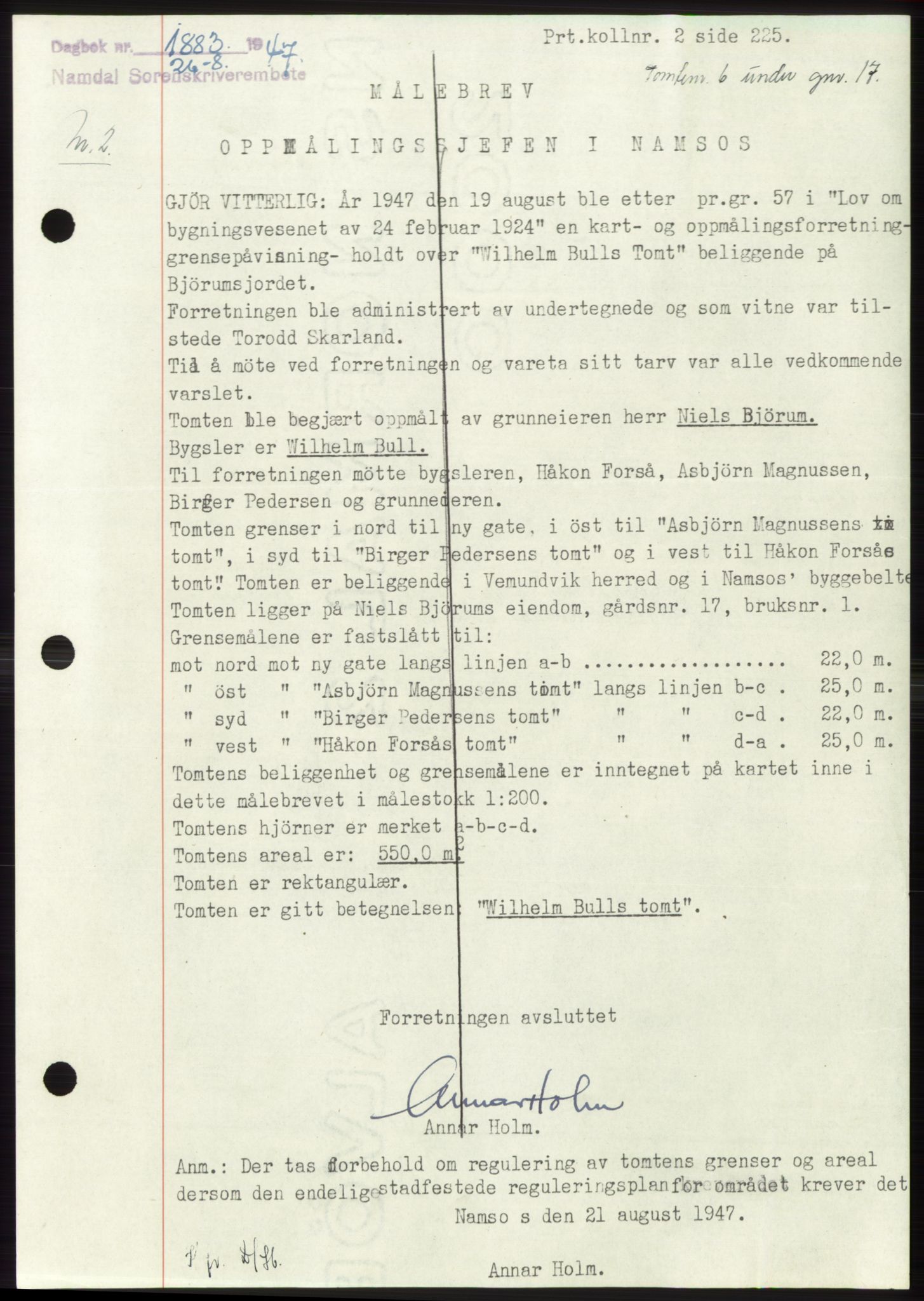 Namdal sorenskriveri, SAT/A-4133/1/2/2C: Pantebok nr. -, 1947-1947, Dagboknr: 1883/1947