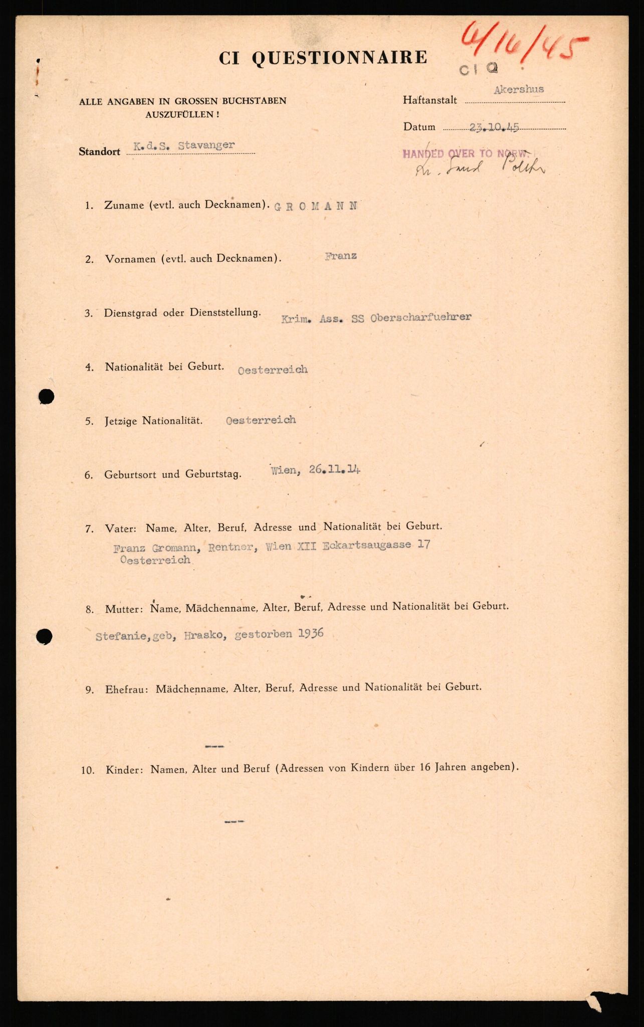 Forsvaret, Forsvarets overkommando II, RA/RAFA-3915/D/Db/L0038: CI Questionaires. Tyske okkupasjonsstyrker i Norge. Østerrikere., 1945-1946, s. 348