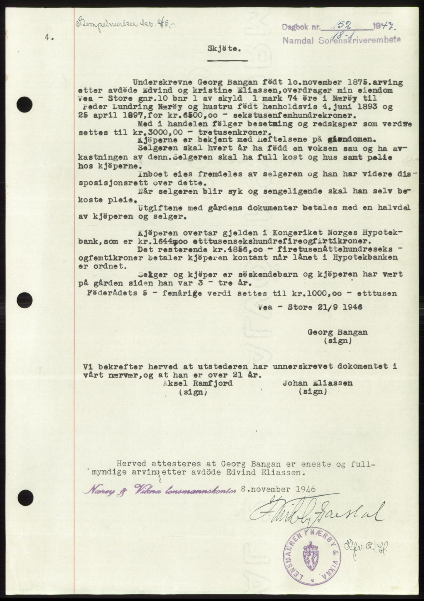 Namdal sorenskriveri, SAT/A-4133/1/2/2C: Pantebok nr. -, 1946-1947, Dagboknr: 152/1947
