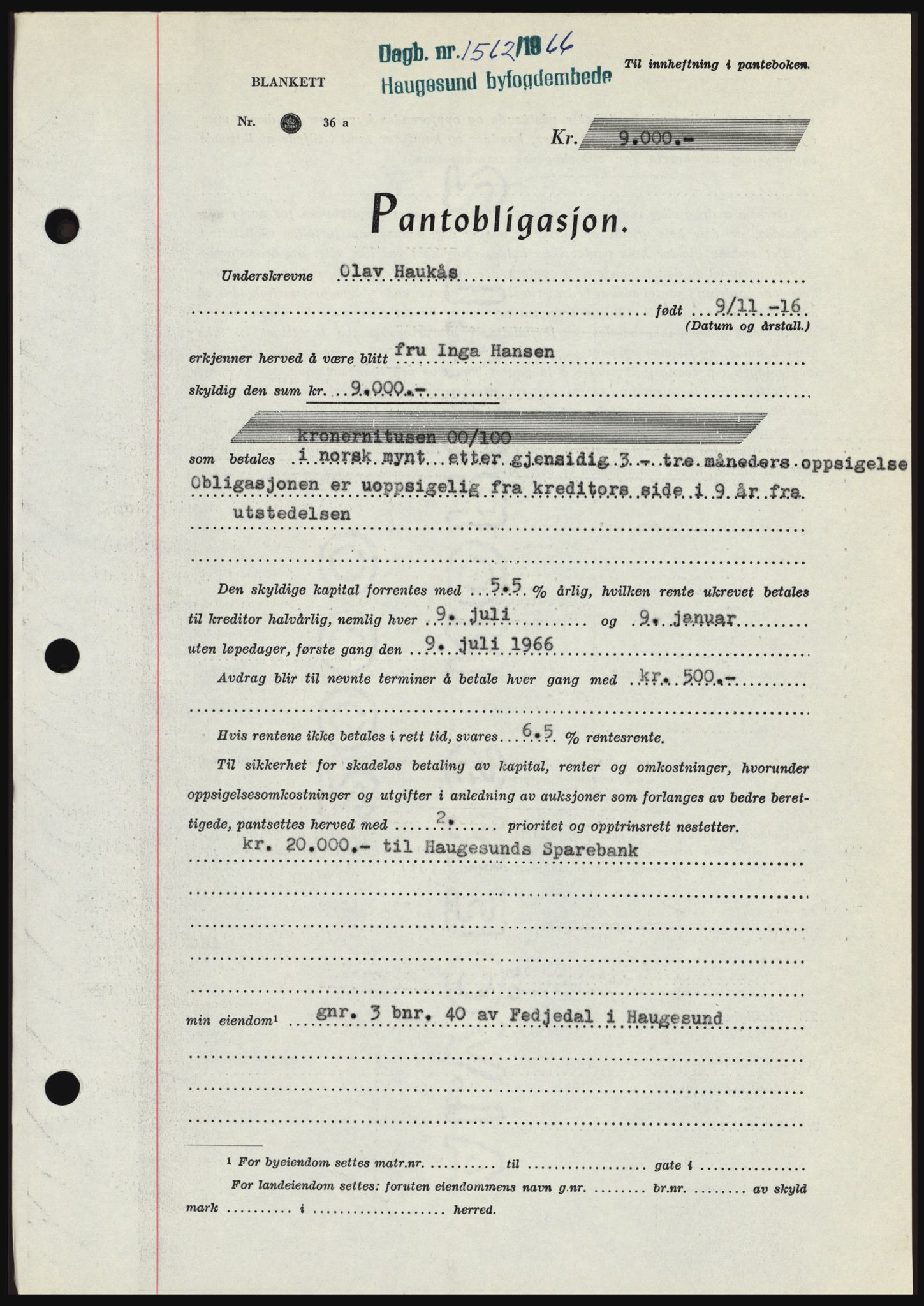 Haugesund tingrett, SAST/A-101415/01/II/IIC/L0055: Pantebok nr. B 55, 1966-1966, Dagboknr: 1562/1966