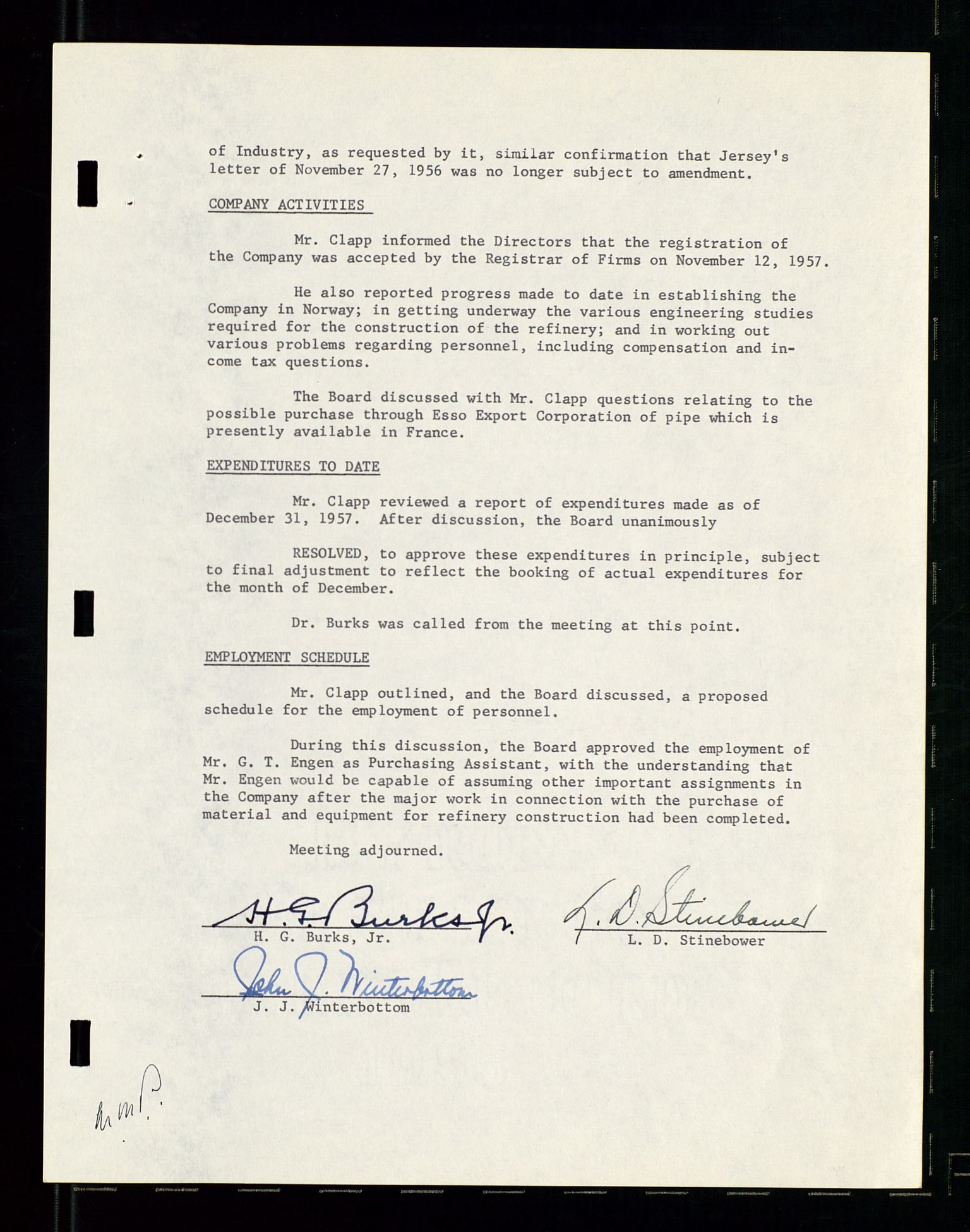 PA 1537 - A/S Essoraffineriet Norge, AV/SAST-A-101957/A/Aa/L0001/0002: Styremøter / Shareholder meetings, board meetings, by laws (vedtekter), 1957-1960, s. 185