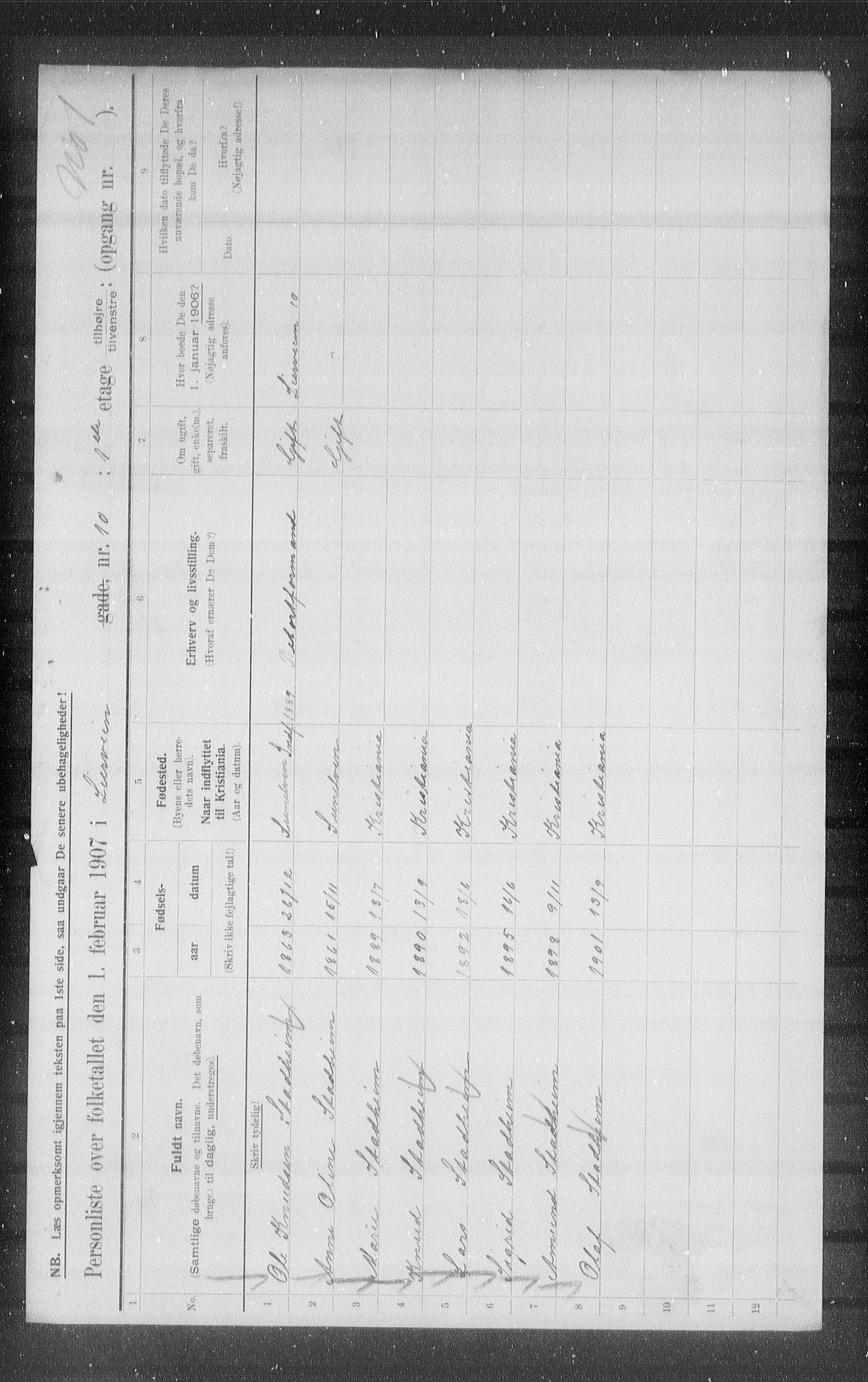 OBA, Kommunal folketelling 1.2.1907 for Kristiania kjøpstad, 1907, s. 29606