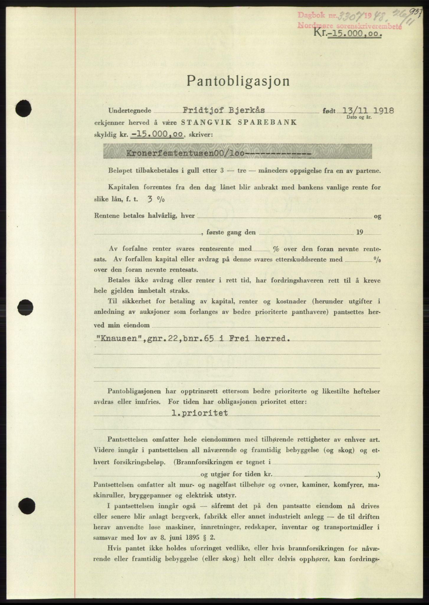 Nordmøre sorenskriveri, SAT/A-4132/1/2/2Ca: Pantebok nr. B100, 1948-1949, Dagboknr: 3307/1948
