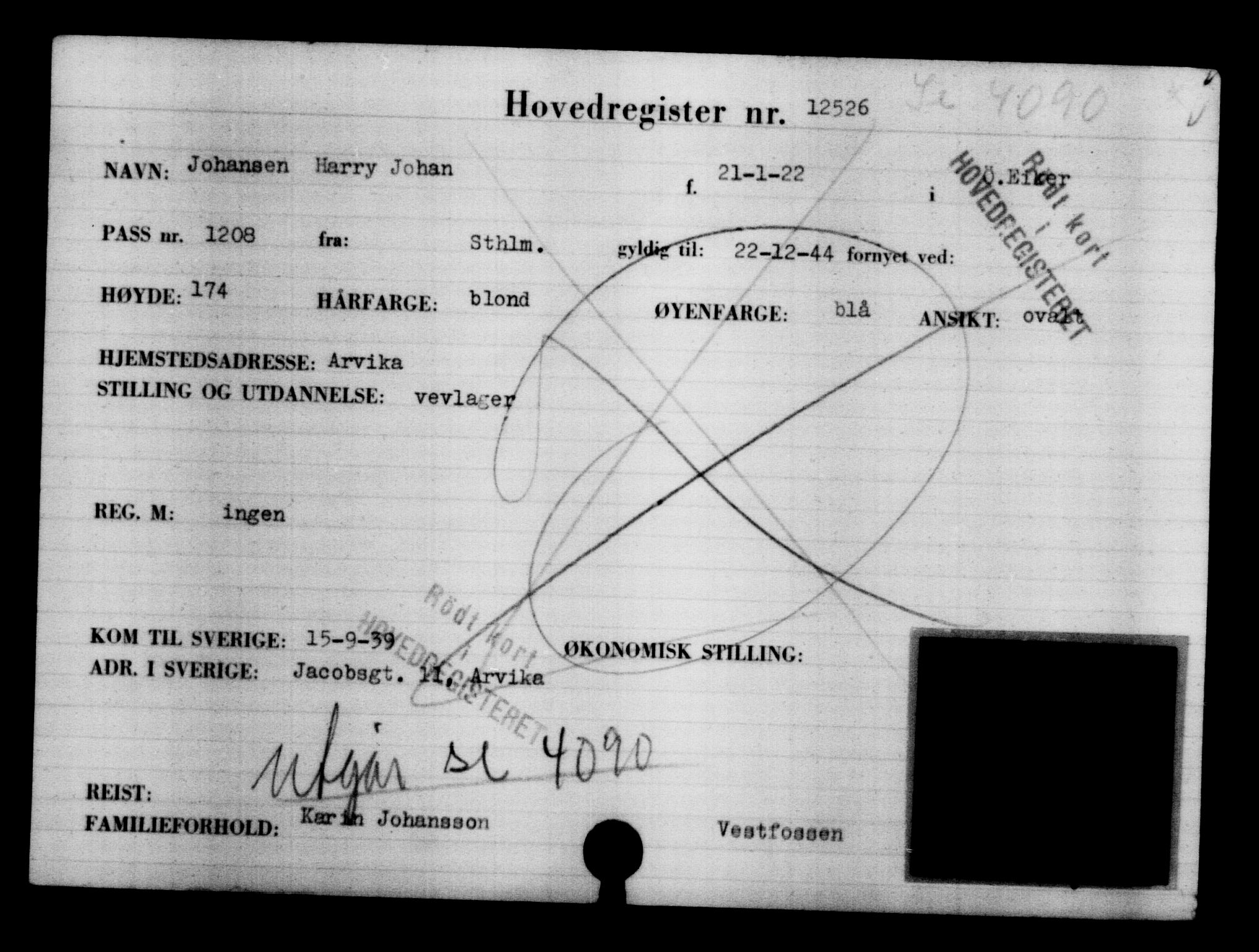 Den Kgl. Norske Legasjons Flyktningskontor, RA/S-6753/V/Va/L0006: Kjesäterkartoteket.  Flyktningenr. 9400-12711, 1940-1945, s. 3559