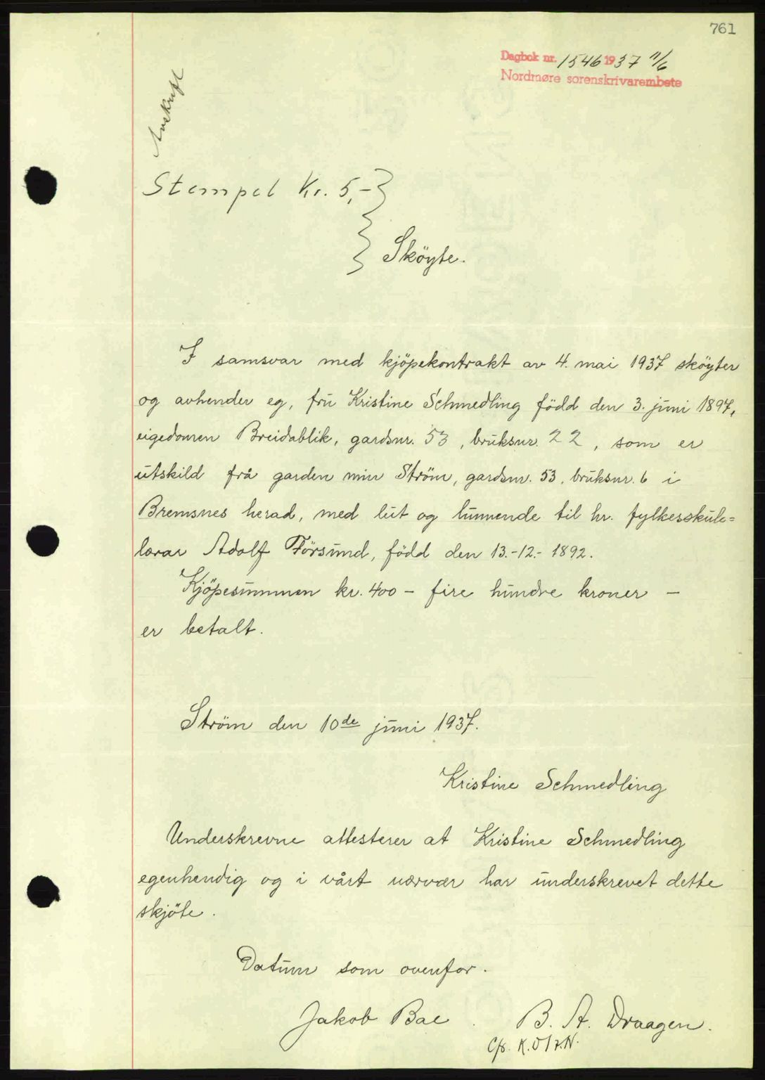 Nordmøre sorenskriveri, SAT/A-4132/1/2/2Ca: Pantebok nr. A81, 1937-1937, Dagboknr: 1546/1937