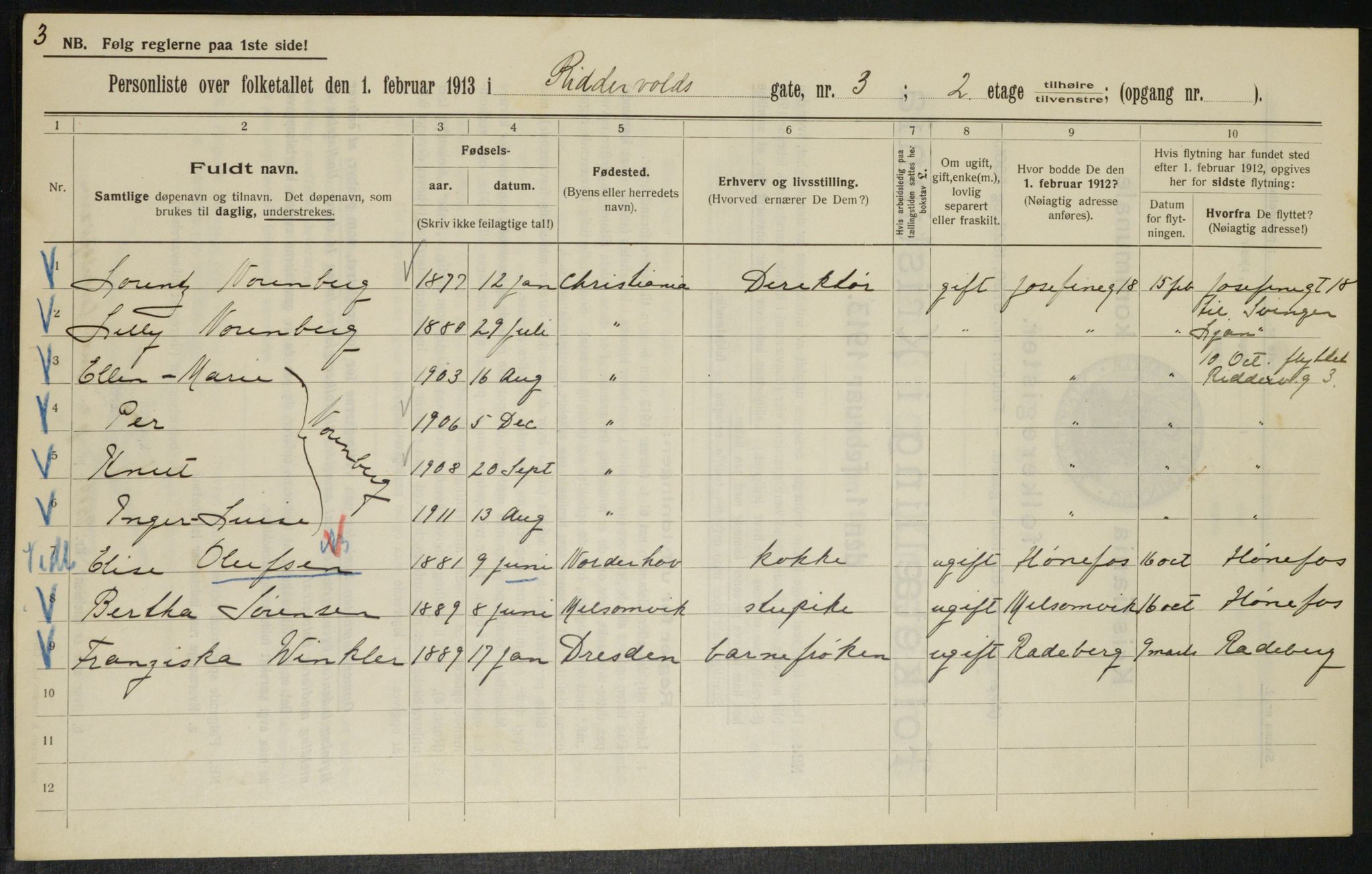 OBA, Kommunal folketelling 1.2.1913 for Kristiania, 1913, s. 83056