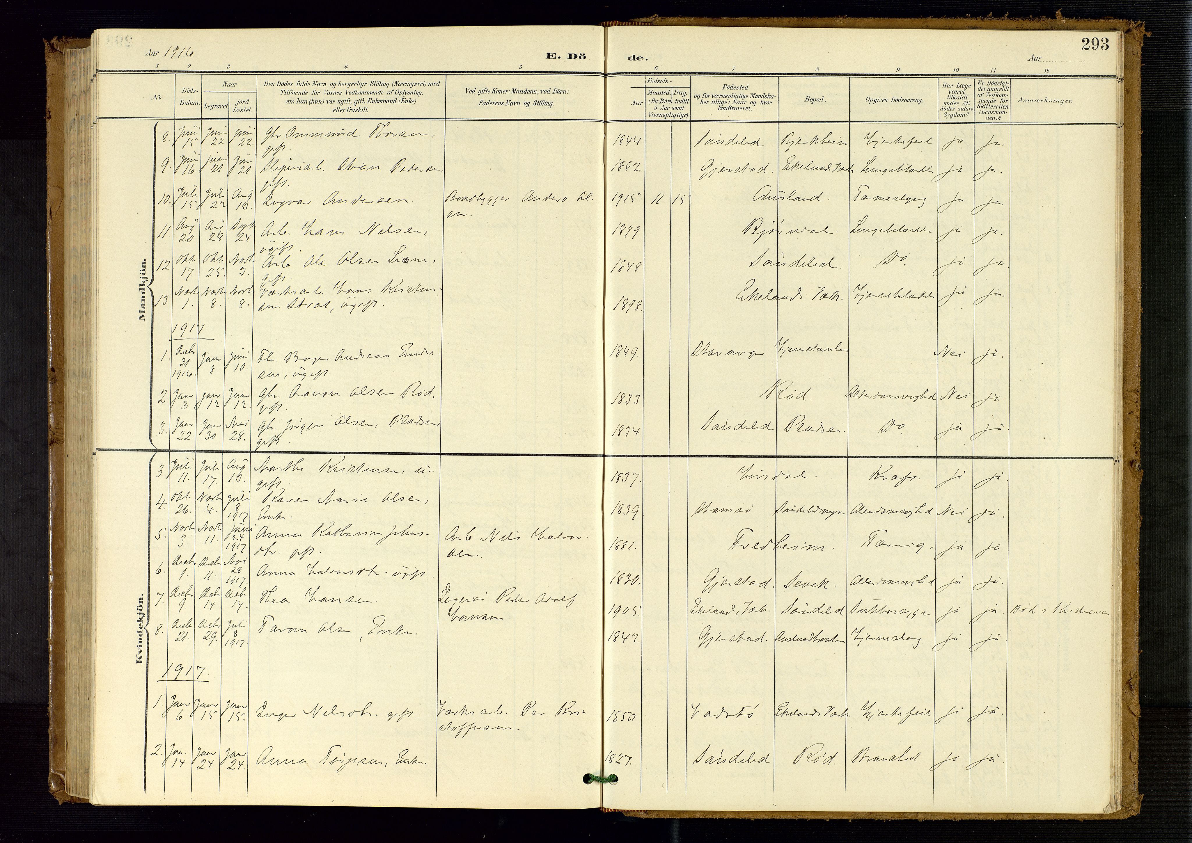 Søndeled sokneprestkontor, AV/SAK-1111-0038/F/Fb/L0005: Klokkerbok nr. B 6, 1900-1962, s. 293