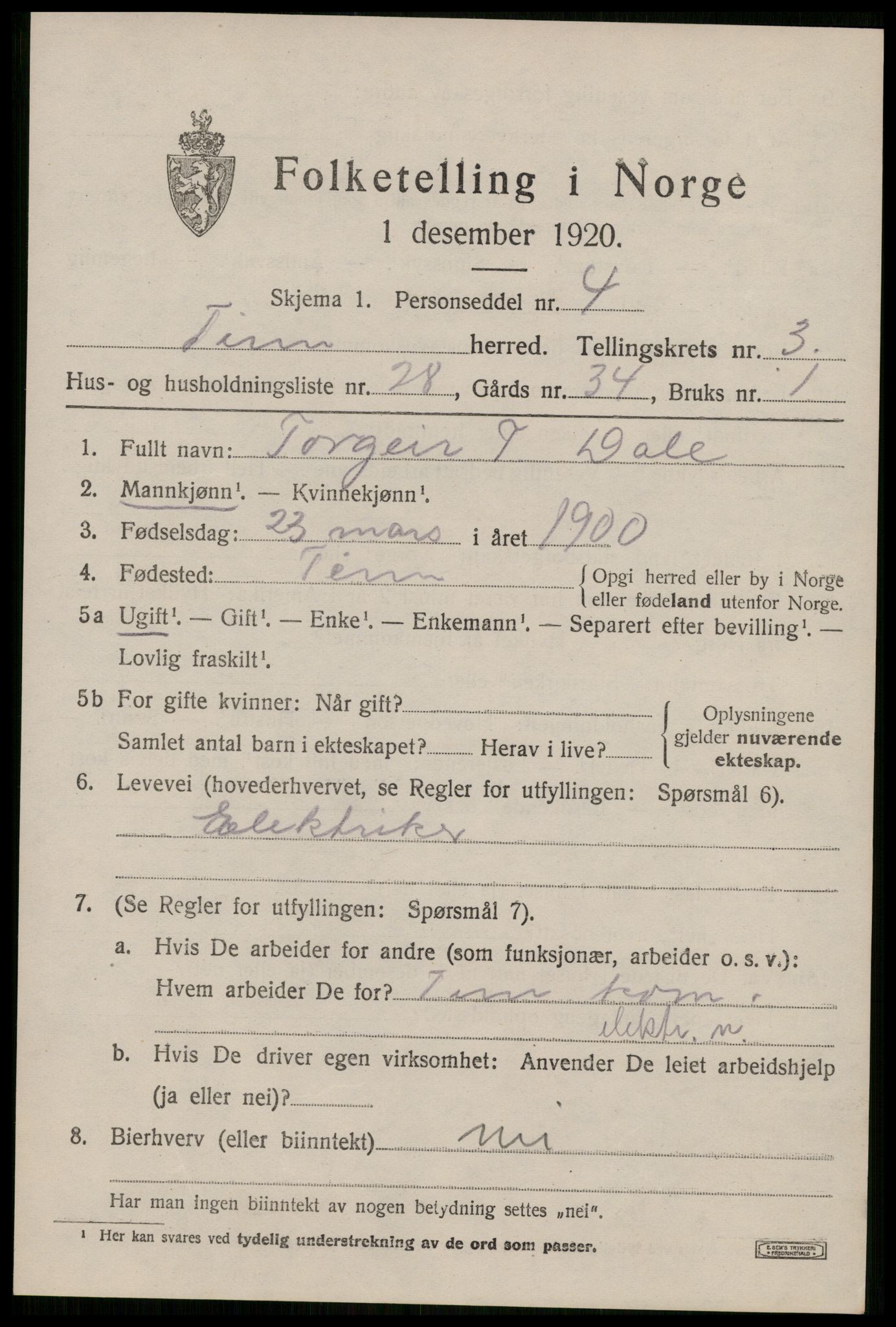 SAKO, Folketelling 1920 for 0826 Tinn herred, 1920, s. 3584