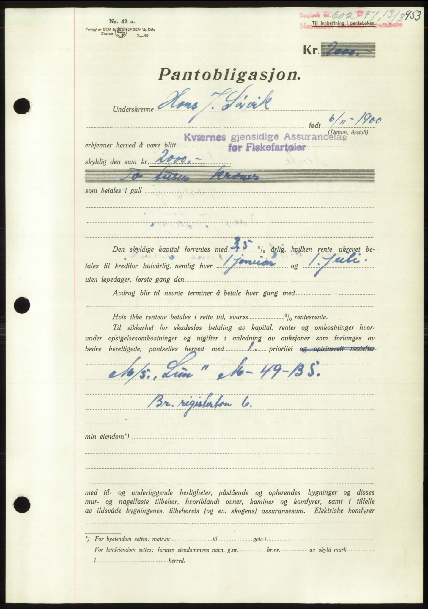 Nordmøre sorenskriveri, SAT/A-4132/1/2/2Ca: Pantebok nr. B95, 1946-1947, Dagboknr: 602/1947