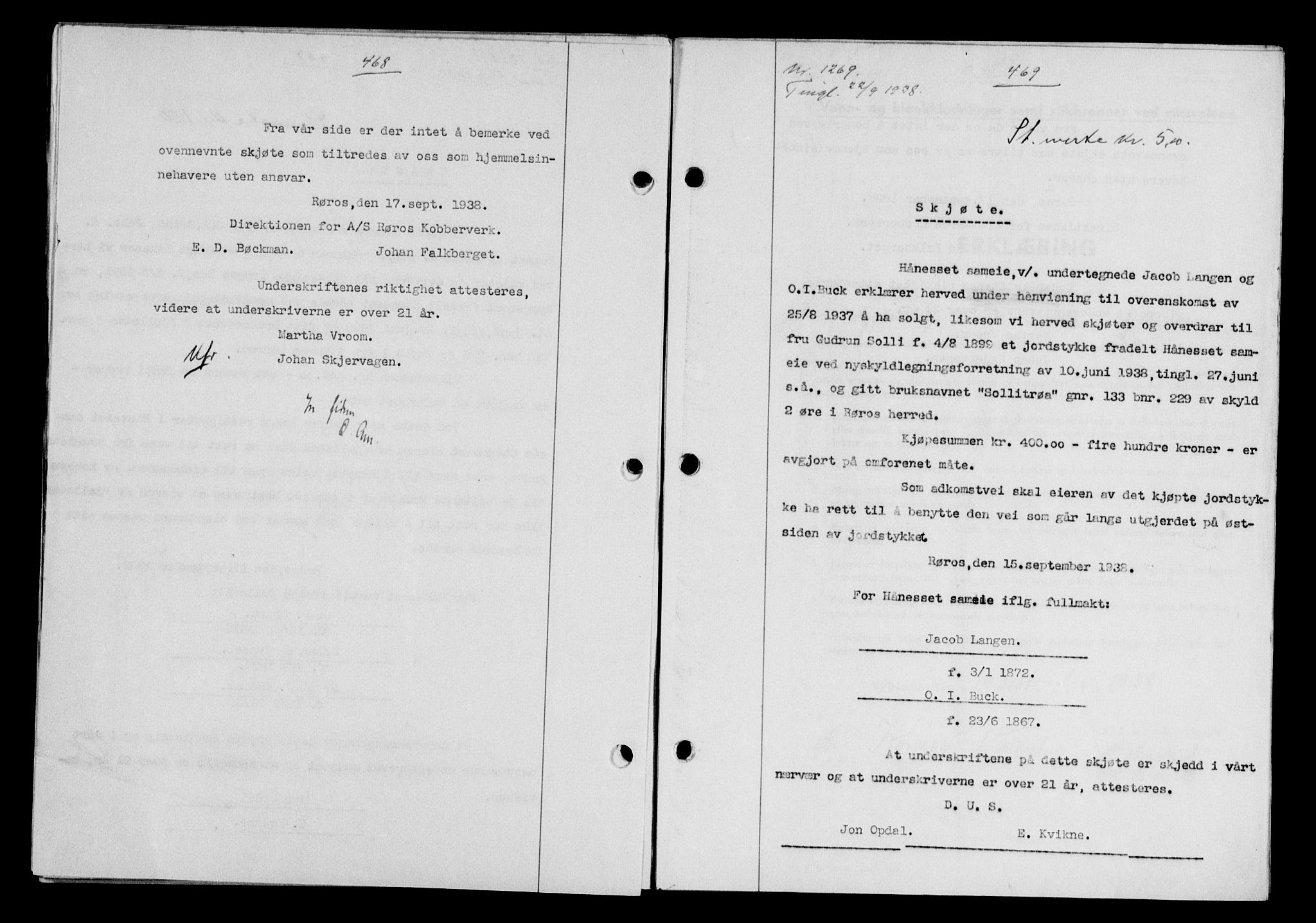 Gauldal sorenskriveri, SAT/A-0014/1/2/2C/L0049: Pantebok nr. 53, 1938-1938, Dagboknr: 1269/1938