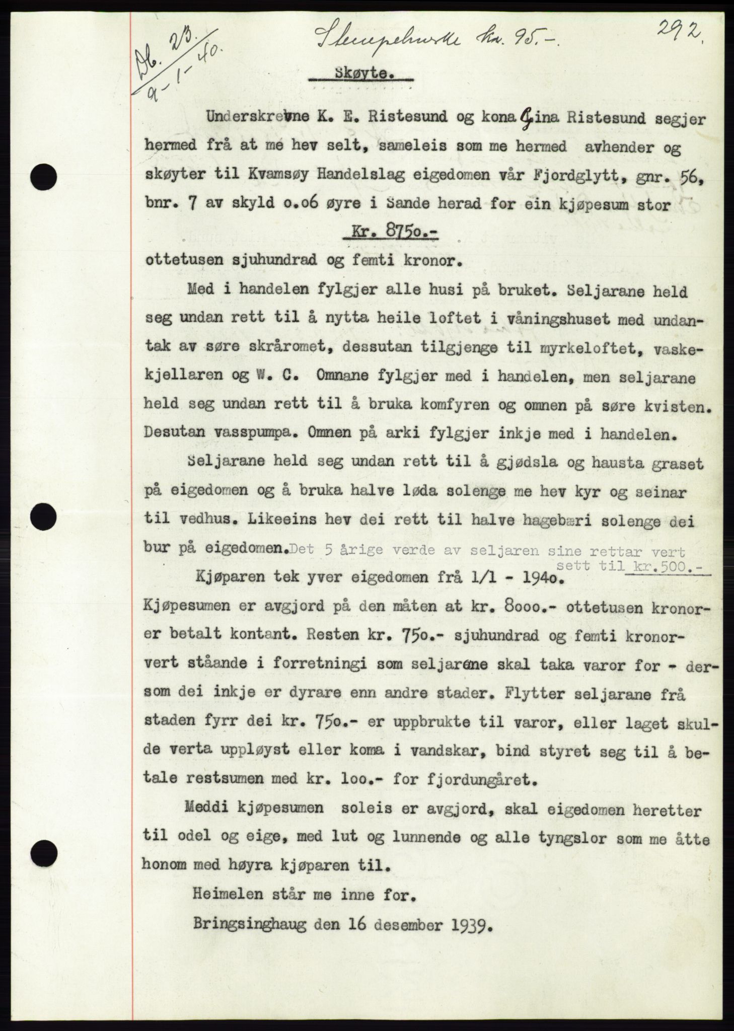 Søre Sunnmøre sorenskriveri, SAT/A-4122/1/2/2C/L0069: Pantebok nr. 63, 1939-1940, Dagboknr: 23/1940