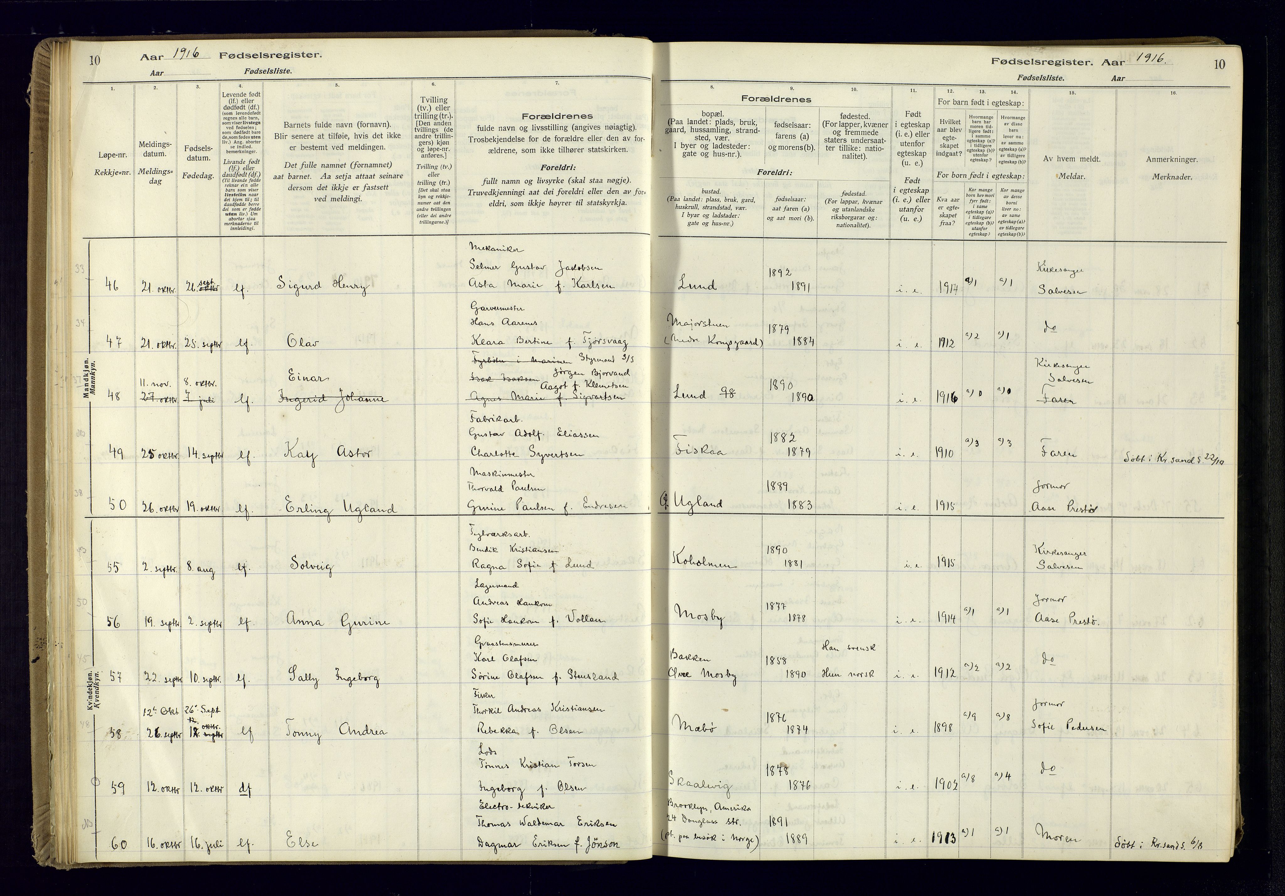 Oddernes sokneprestkontor, AV/SAK-1111-0033/J/Ja/L0001: Fødselsregister nr. 1, 1916-1935, s. 10