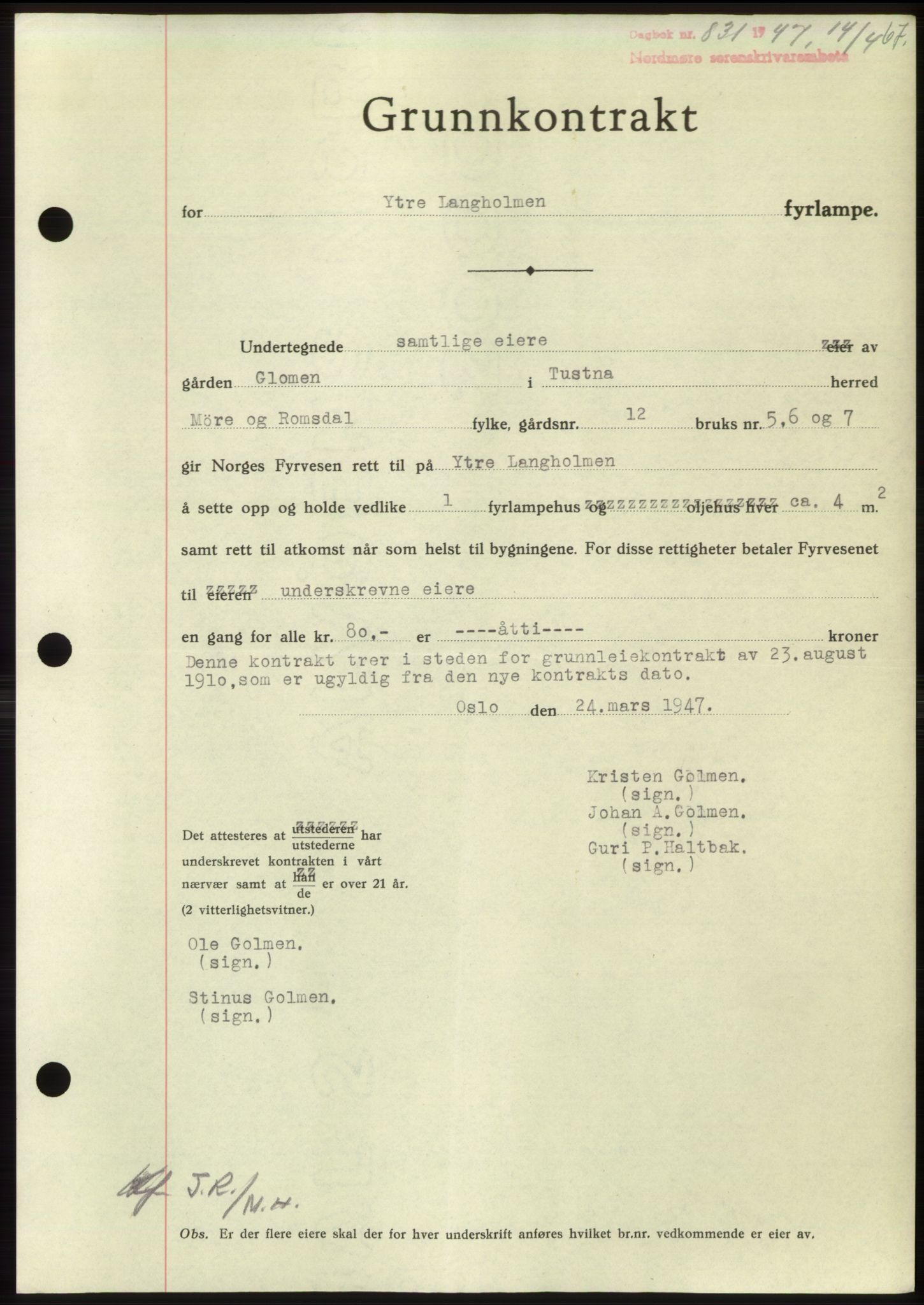 Nordmøre sorenskriveri, AV/SAT-A-4132/1/2/2Ca: Pantebok nr. B96, 1947-1947, Dagboknr: 831/1947