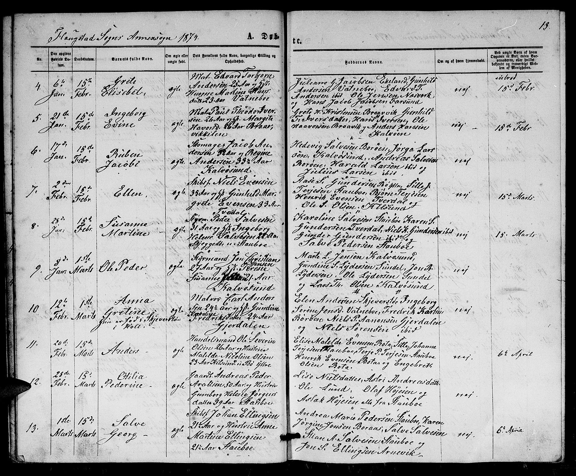 Dypvåg sokneprestkontor, AV/SAK-1111-0007/F/Fb/Fbb/L0003: Klokkerbok nr. B 3, 1872-1886, s. 13