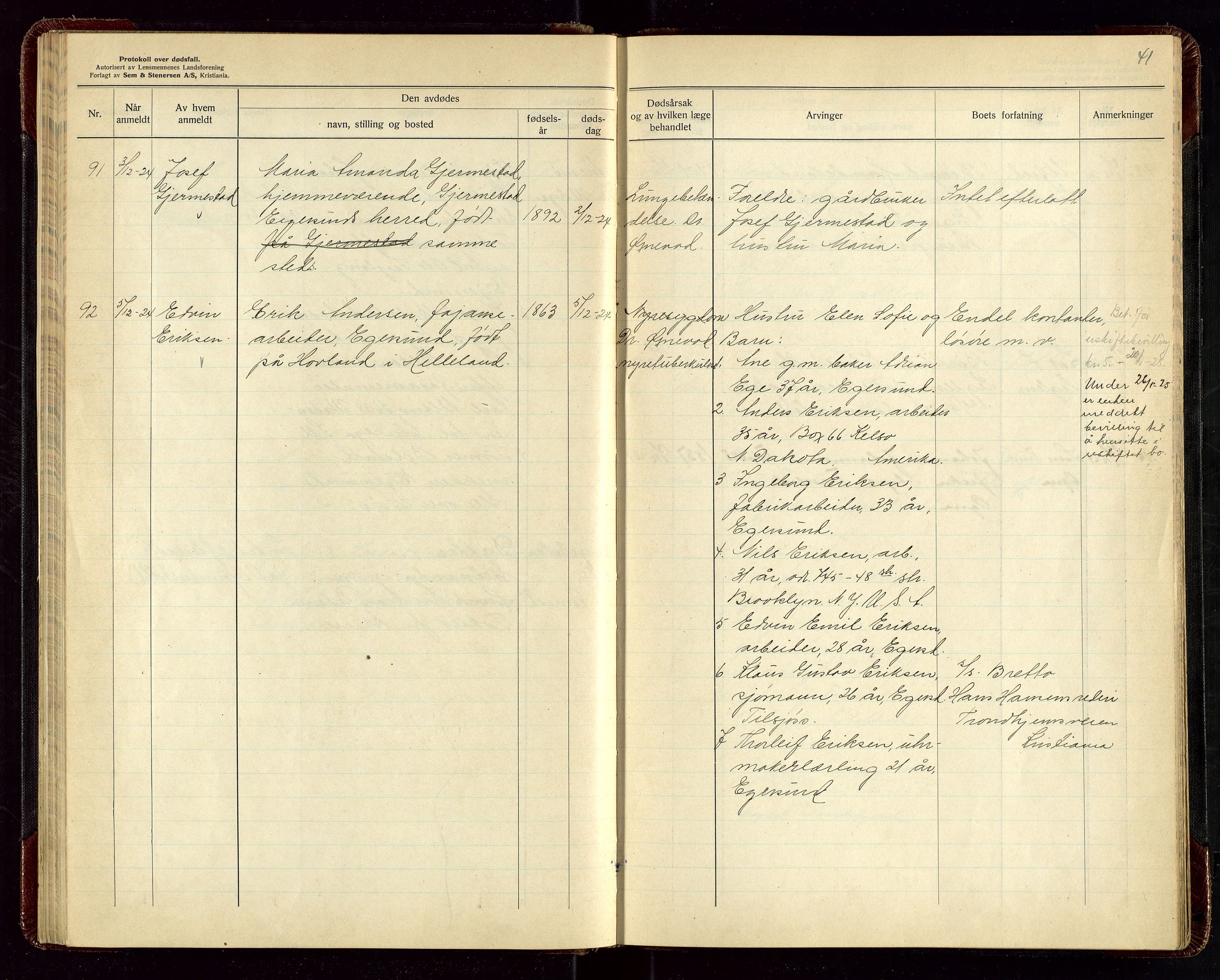 Eigersund lensmannskontor, AV/SAST-A-100171/Gga/L0009: "Protokoll over anmeldte dødsfall" m/alfabetisk navneregister, 1922-1926, s. 41