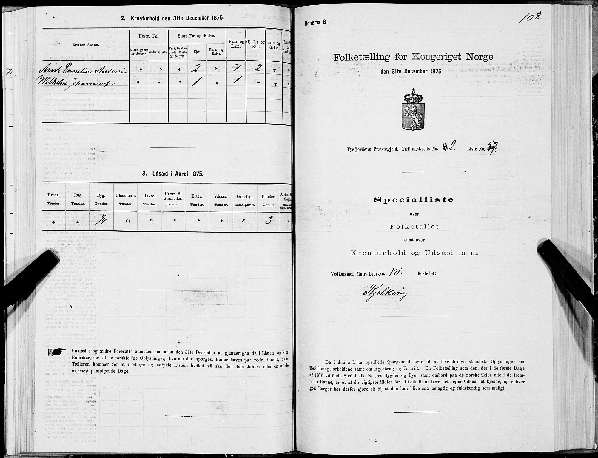 SAT, Folketelling 1875 for 1850P Tysfjord prestegjeld, 1875, s. 2103