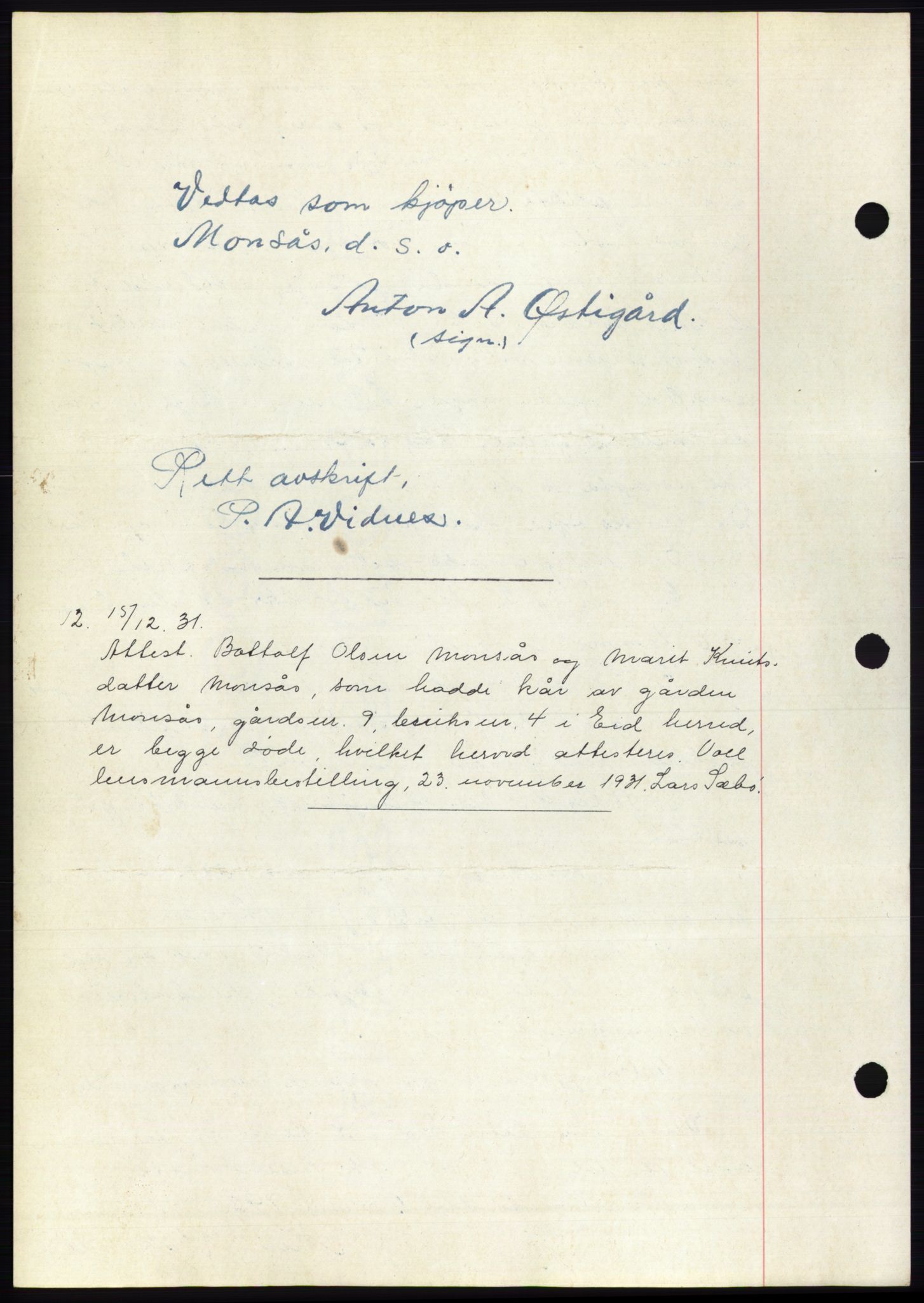 Romsdal sorenskriveri, AV/SAT-A-4149/1/2/2C/L0060: Pantebok nr. 54, 1931-1932, Tingl.dato: 15.12.1931