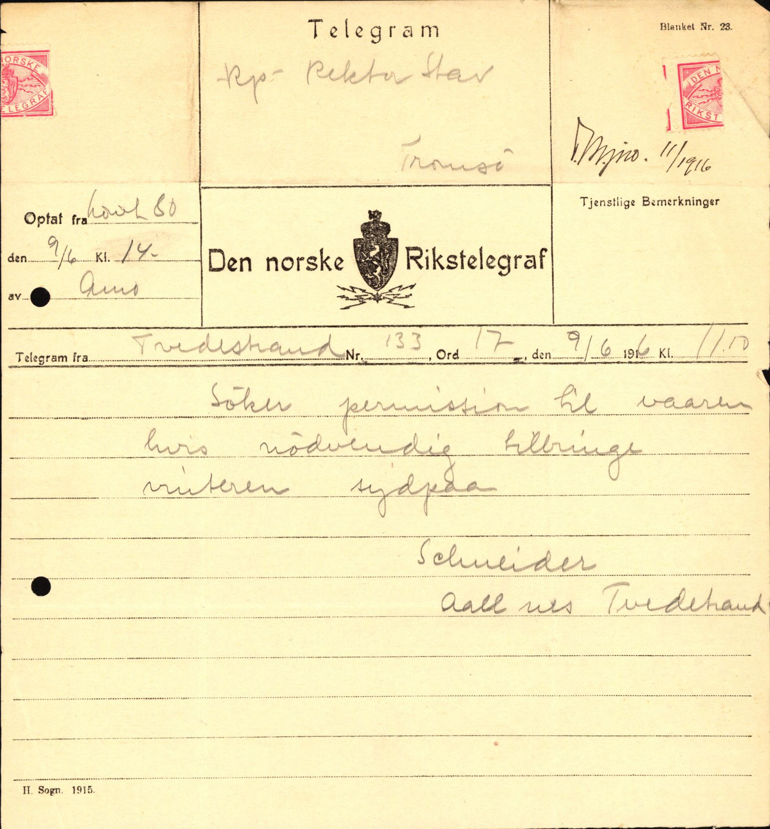 Tromsø Museum, AV/SATØ-S-0162/D/Da/L0030: Journalsaker og innkomne brev, 1906-1920, s. 438