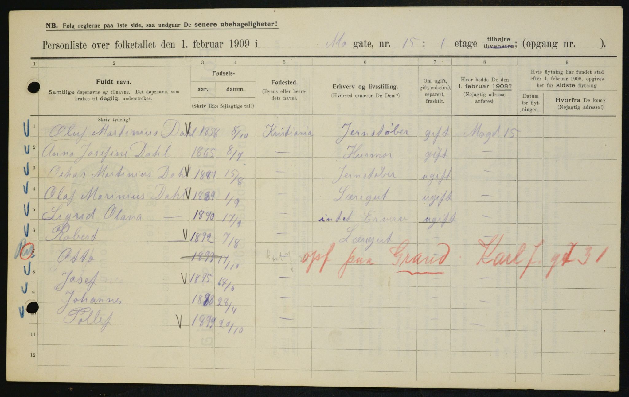 OBA, Kommunal folketelling 1.2.1909 for Kristiania kjøpstad, 1909, s. 59241