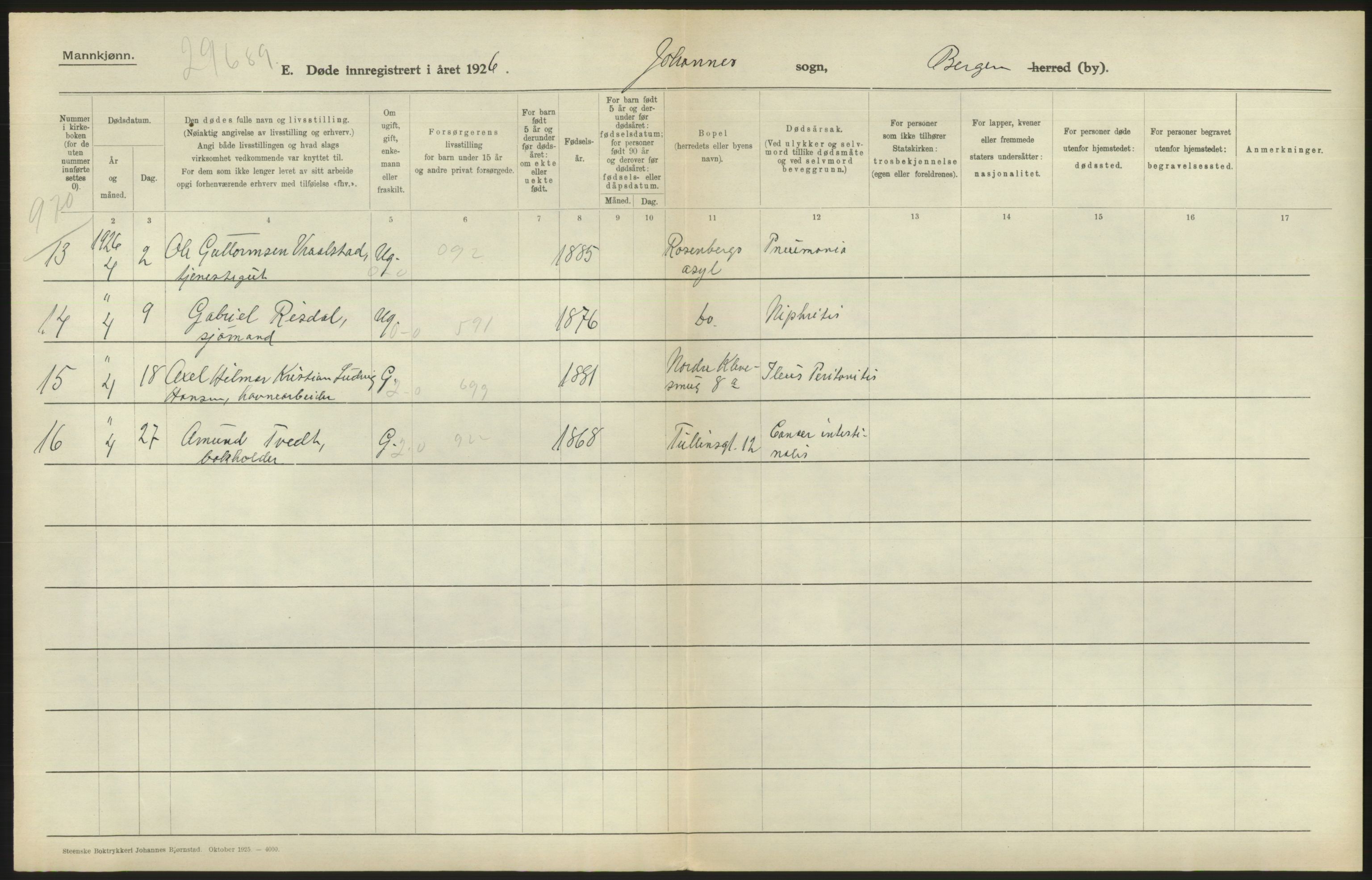 Statistisk sentralbyrå, Sosiodemografiske emner, Befolkning, RA/S-2228/D/Df/Dfc/Dfcf/L0028: Bergen: Gifte, døde, dødfødte., 1926, s. 646