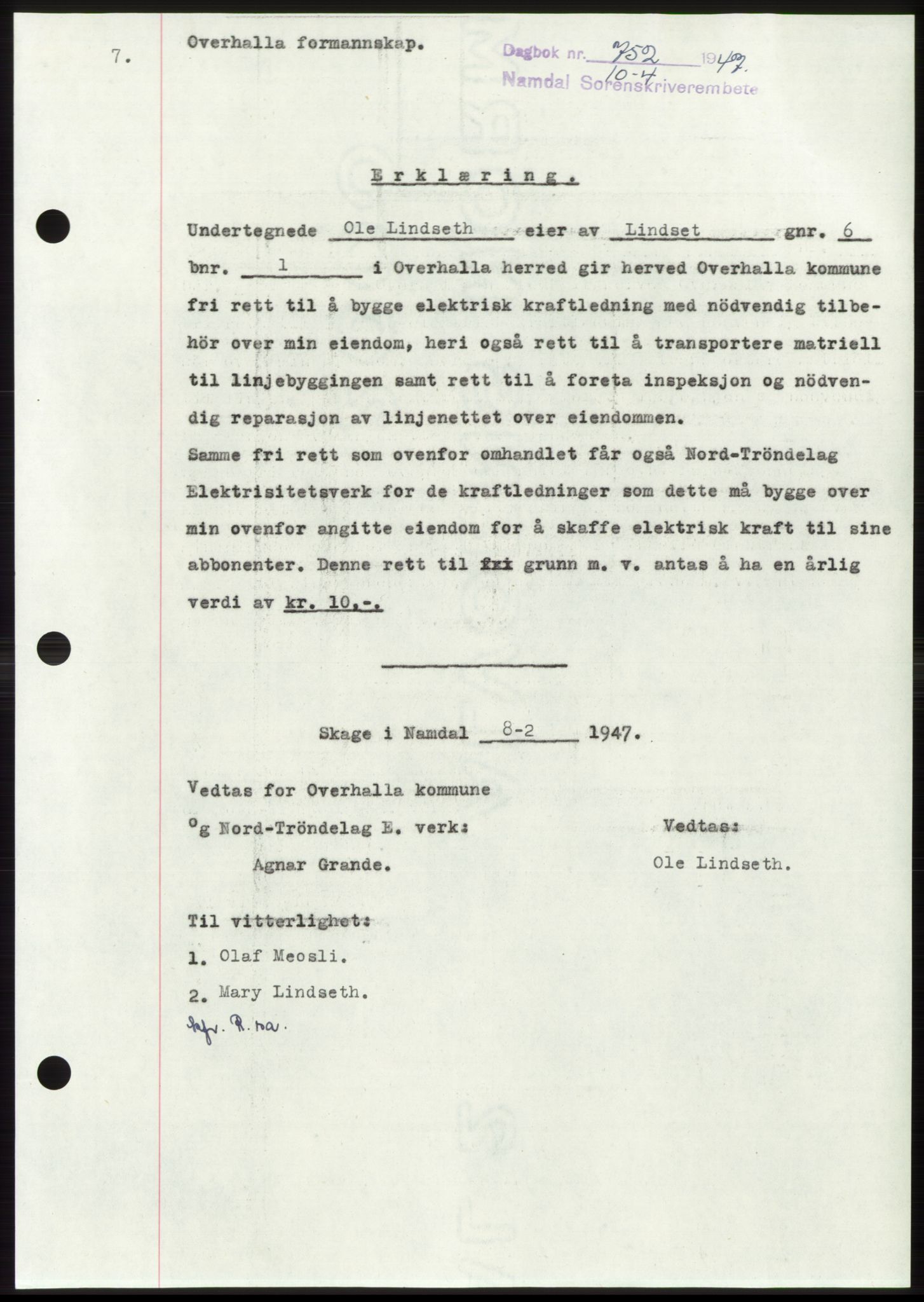 Namdal sorenskriveri, SAT/A-4133/1/2/2C: Pantebok nr. -, 1947-1947, Dagboknr: 752/1947