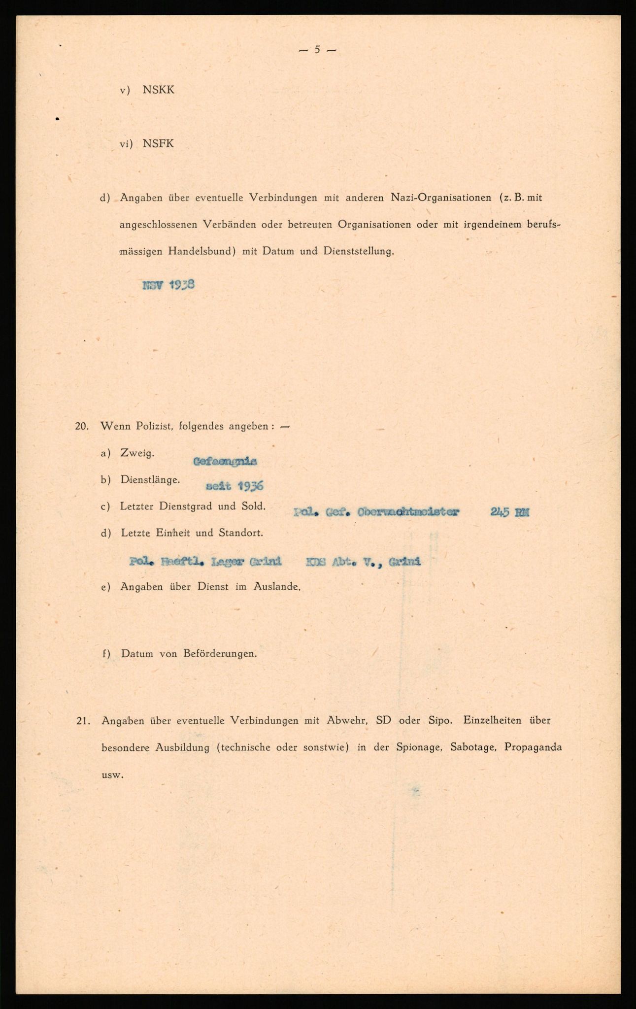 Forsvaret, Forsvarets overkommando II, RA/RAFA-3915/D/Db/L0034: CI Questionaires. Tyske okkupasjonsstyrker i Norge. Tyskere., 1945-1946, s. 94