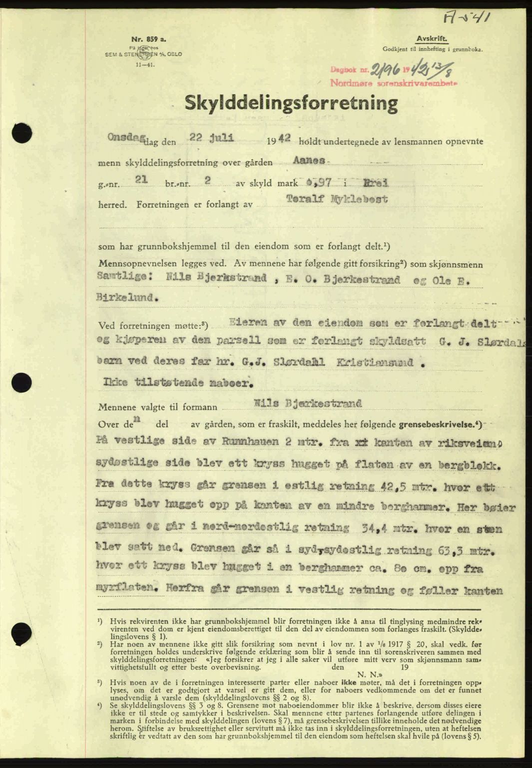 Nordmøre sorenskriveri, SAT/A-4132/1/2/2Ca: Pantebok nr. A93, 1942-1942, Dagboknr: 2196/1942