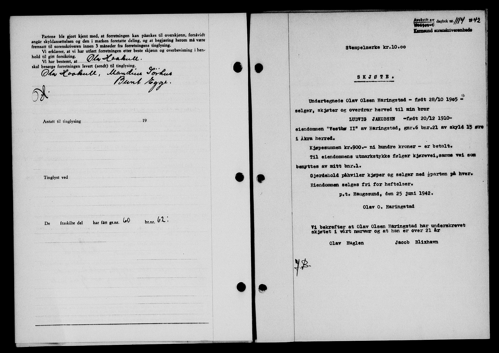Karmsund sorenskriveri, SAST/A-100311/01/II/IIB/L0077: Pantebok nr. 58A, 1942-1942, Dagboknr: 1114/1942