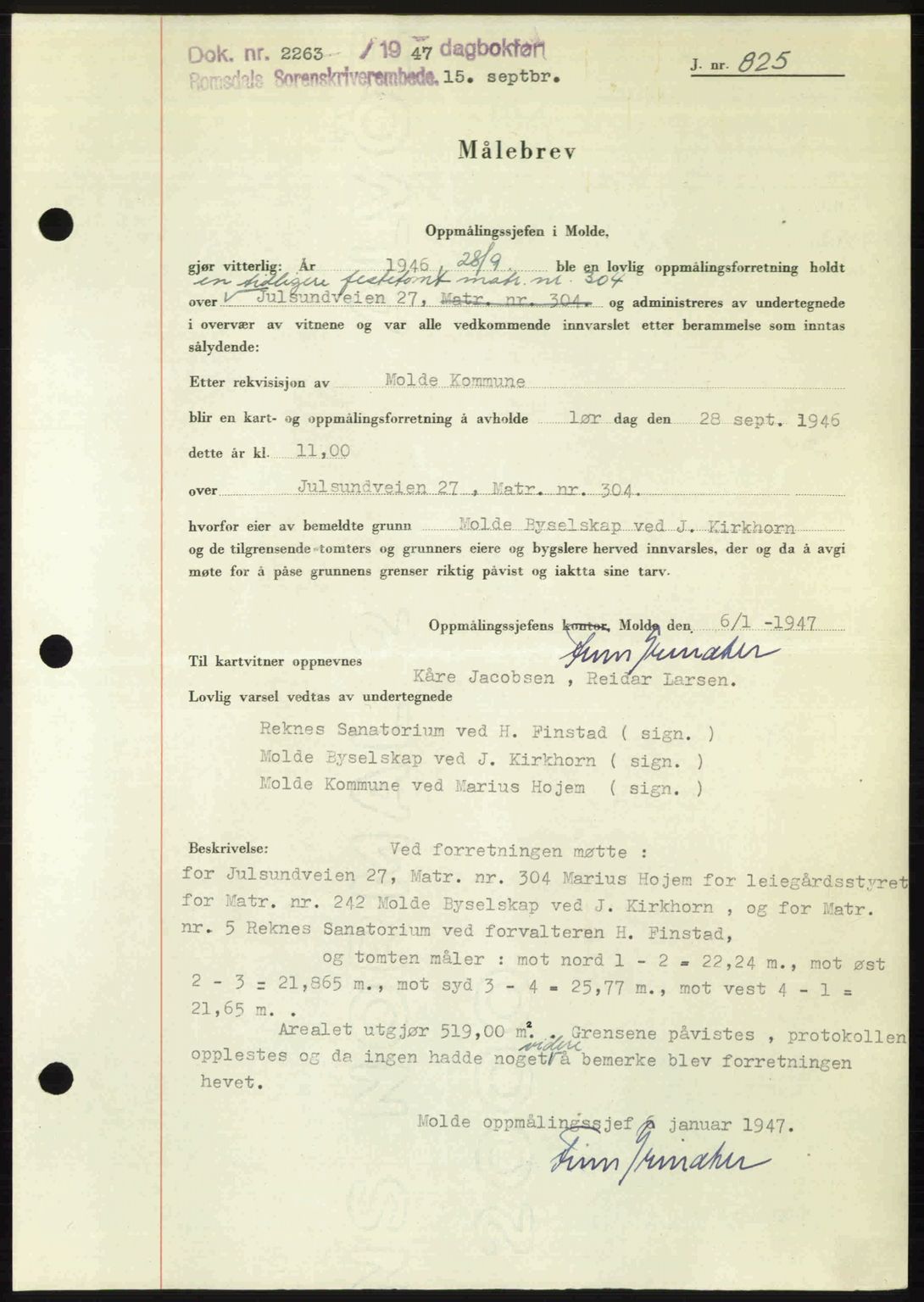 Romsdal sorenskriveri, AV/SAT-A-4149/1/2/2C: Pantebok nr. A24, 1947-1947, Dagboknr: 2263/1947