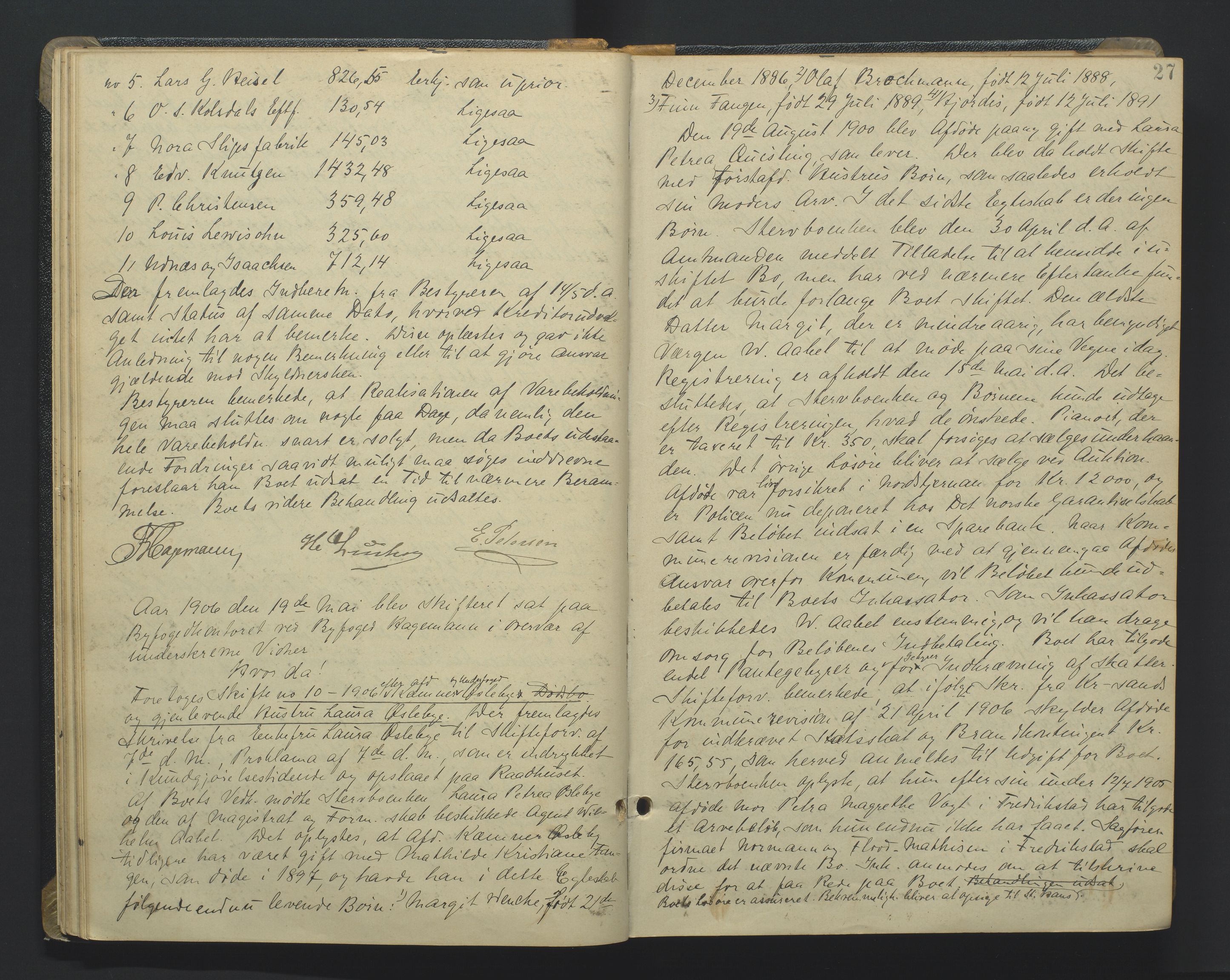 Kristiansand byrett, AV/SAK-1223-0001/H/Hc/L0048: Skifteforhandlingsprotokoll nr. 8, med register, 1905-1913, s. 27