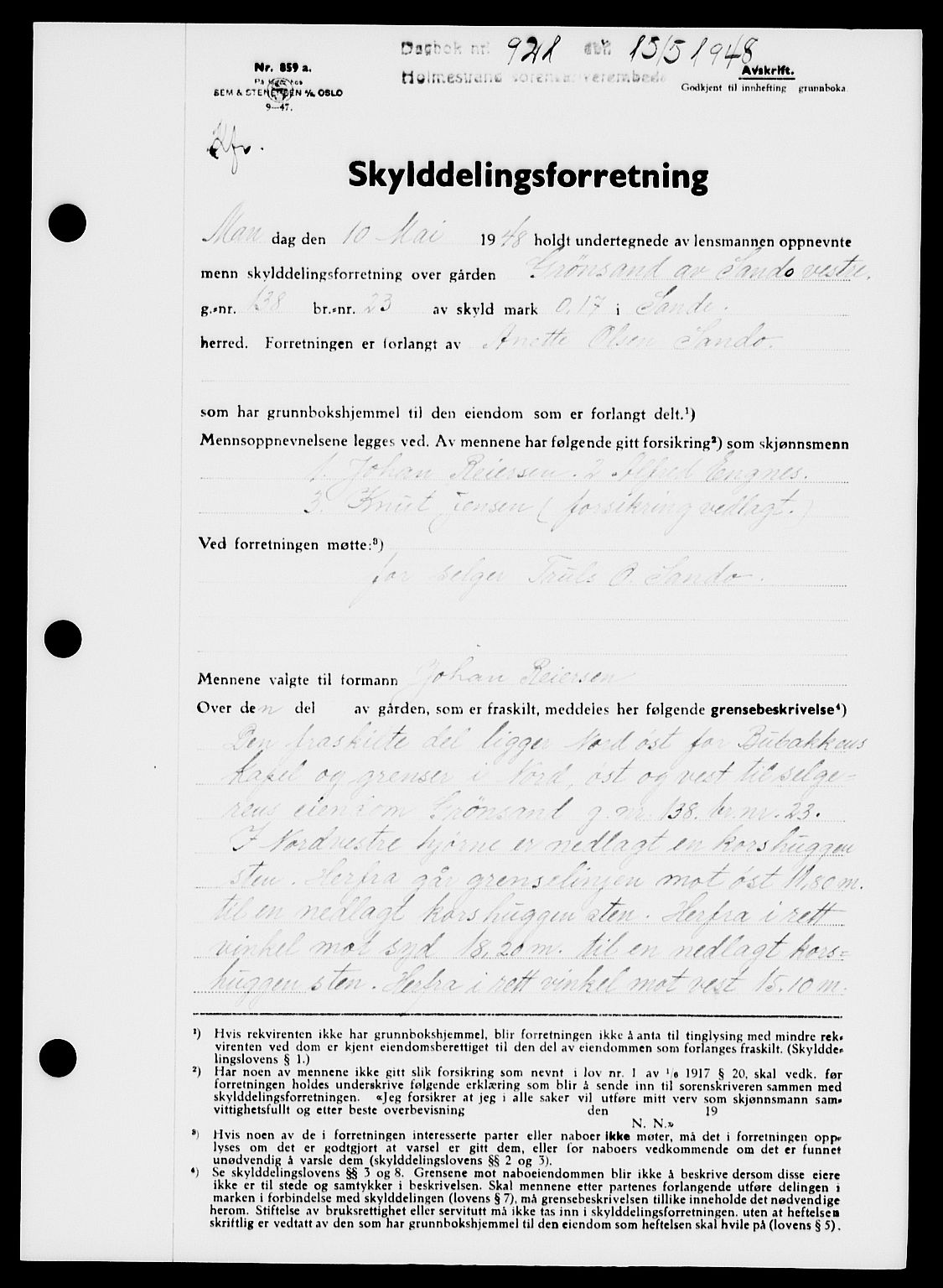 Holmestrand sorenskriveri, SAKO/A-67/G/Ga/Gaa/L0064: Pantebok nr. A-64, 1948-1948, Dagboknr: 921/1948