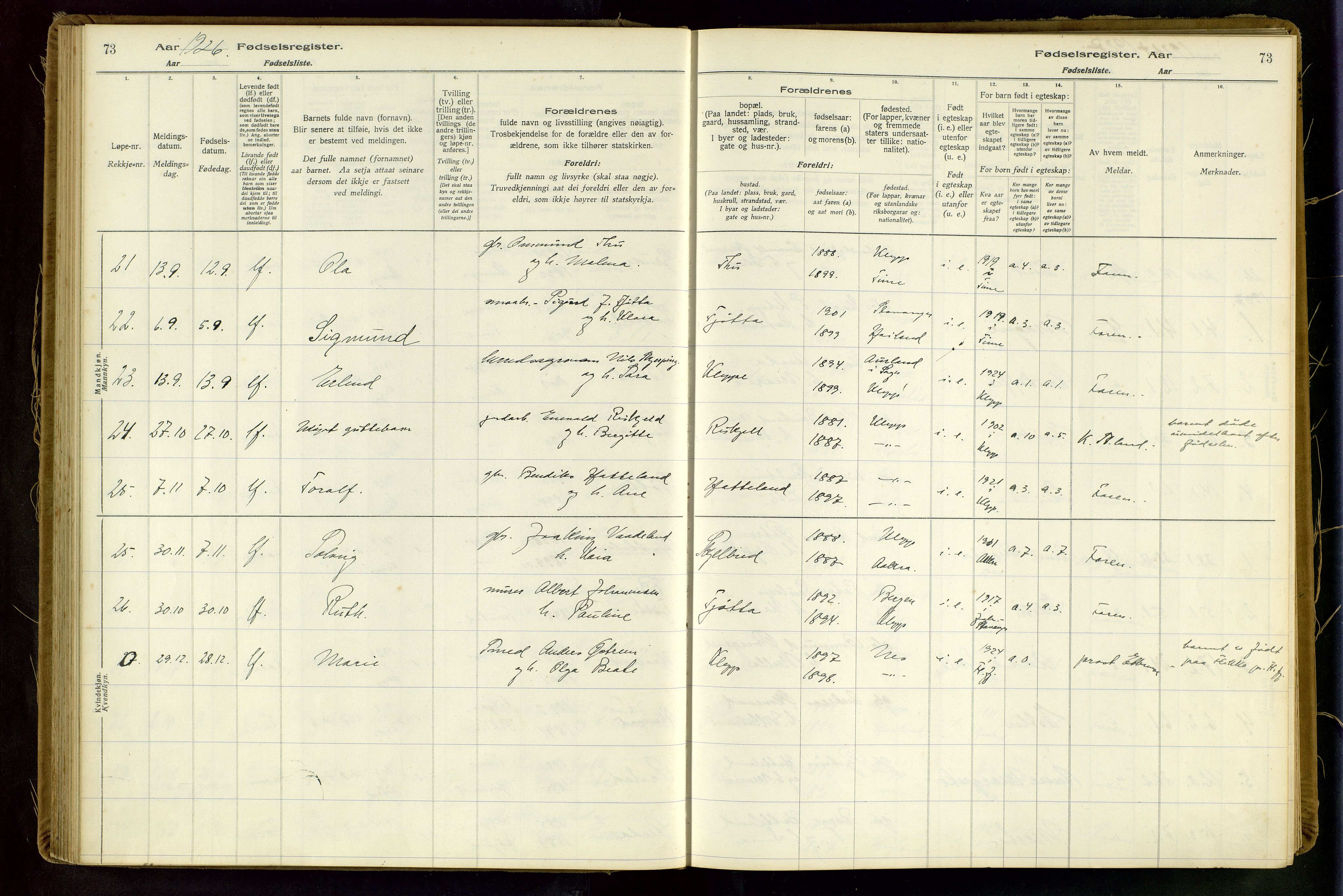 Klepp sokneprestkontor, AV/SAST-A-101803/001/704BAA/L0001: Fødselsregister nr. 1, 1916-1948, s. 73