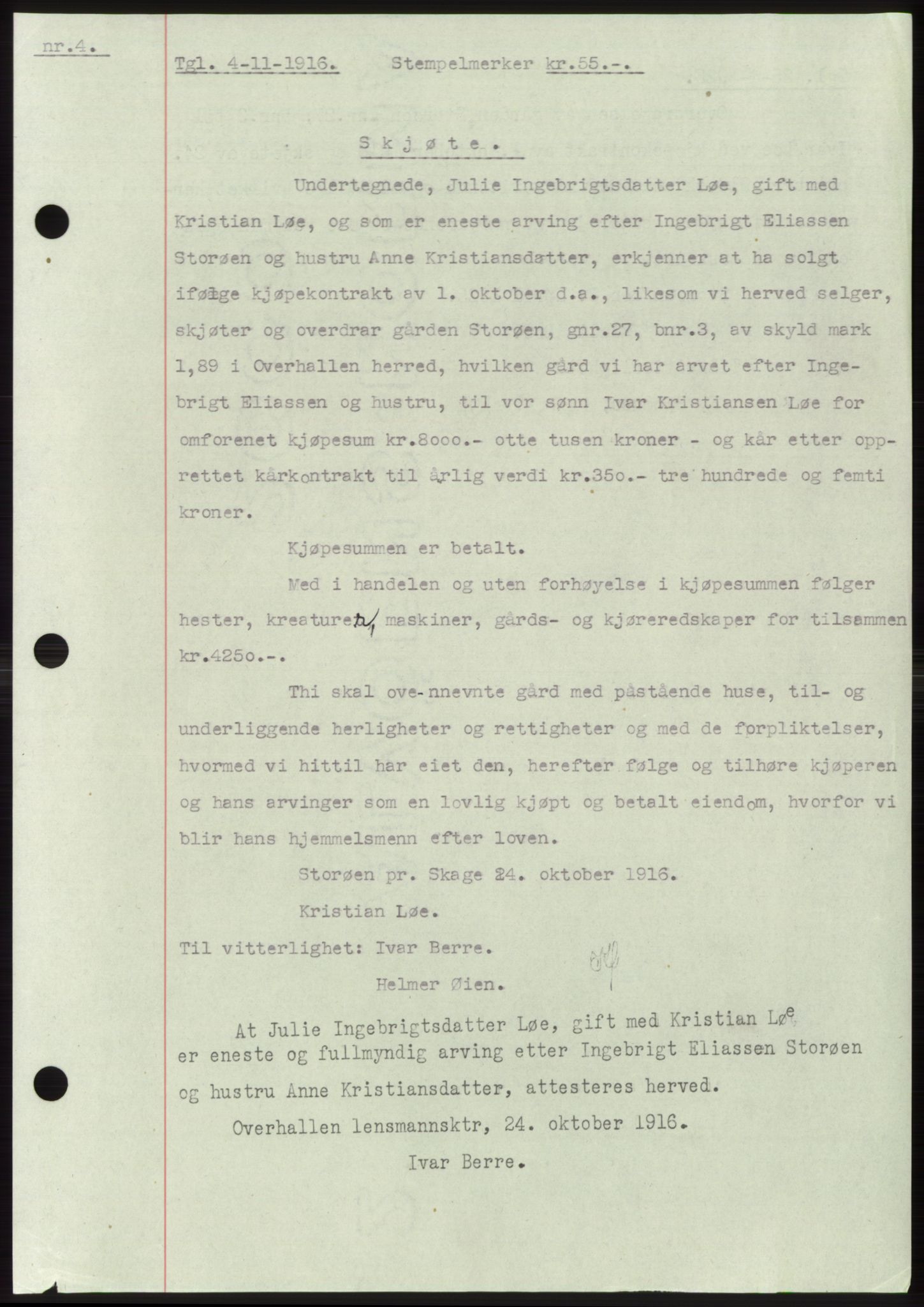 Namdal sorenskriveri, SAT/A-4133/1/2/2C: Pantebok nr. -, 1916-1921, Tingl.dato: 04.11.1916